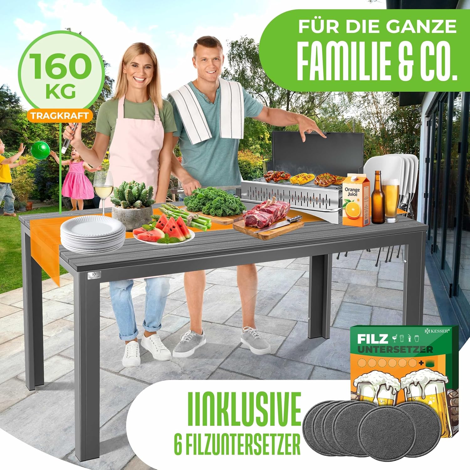 KESSER® Gartentisch 156x78cm für bis 6 Personen Esstisch Wetterfest & UV-Beständig | Outdoor Tisch mit pulverbeschichteter Stahl-Gestell & Kunststoff Tischplatte in Holz-Optik inkl. 6 Filz-Untersetzer — Ansicht 4