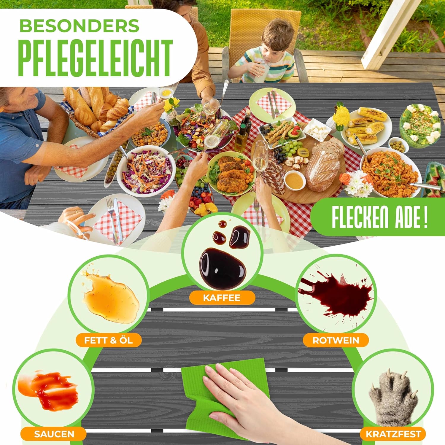 KESSER® Gartentisch 156x78cm für bis 6 Personen Esstisch Wetterfest & UV-Beständig | Outdoor Tisch mit pulverbeschichteter Stahl-Gestell & Kunststoff Tischplatte in Holz-Optik inkl. 6 Filz-Untersetzer — Ansicht 5