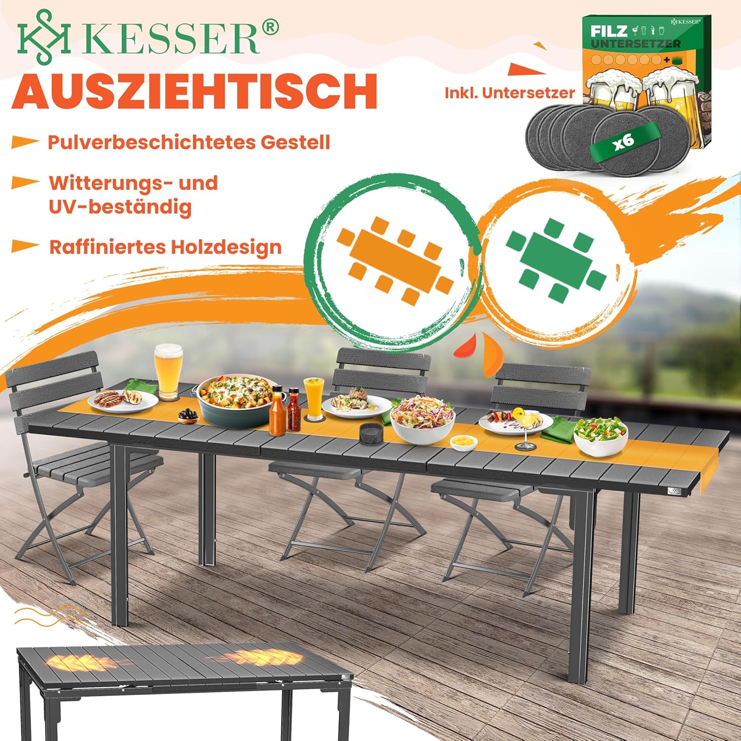 KESSER® Gartentisch ausziehbar Esstisch 180/240x90cm erweiterbar bis 8 Personen Ausziehtisch mit pulverbeschichtetem Stahl-Gestell & HDPE Tischplatte Wetterfest & UV-Beständig inkl. 6 Filz-Untersetzer — Ansicht 3