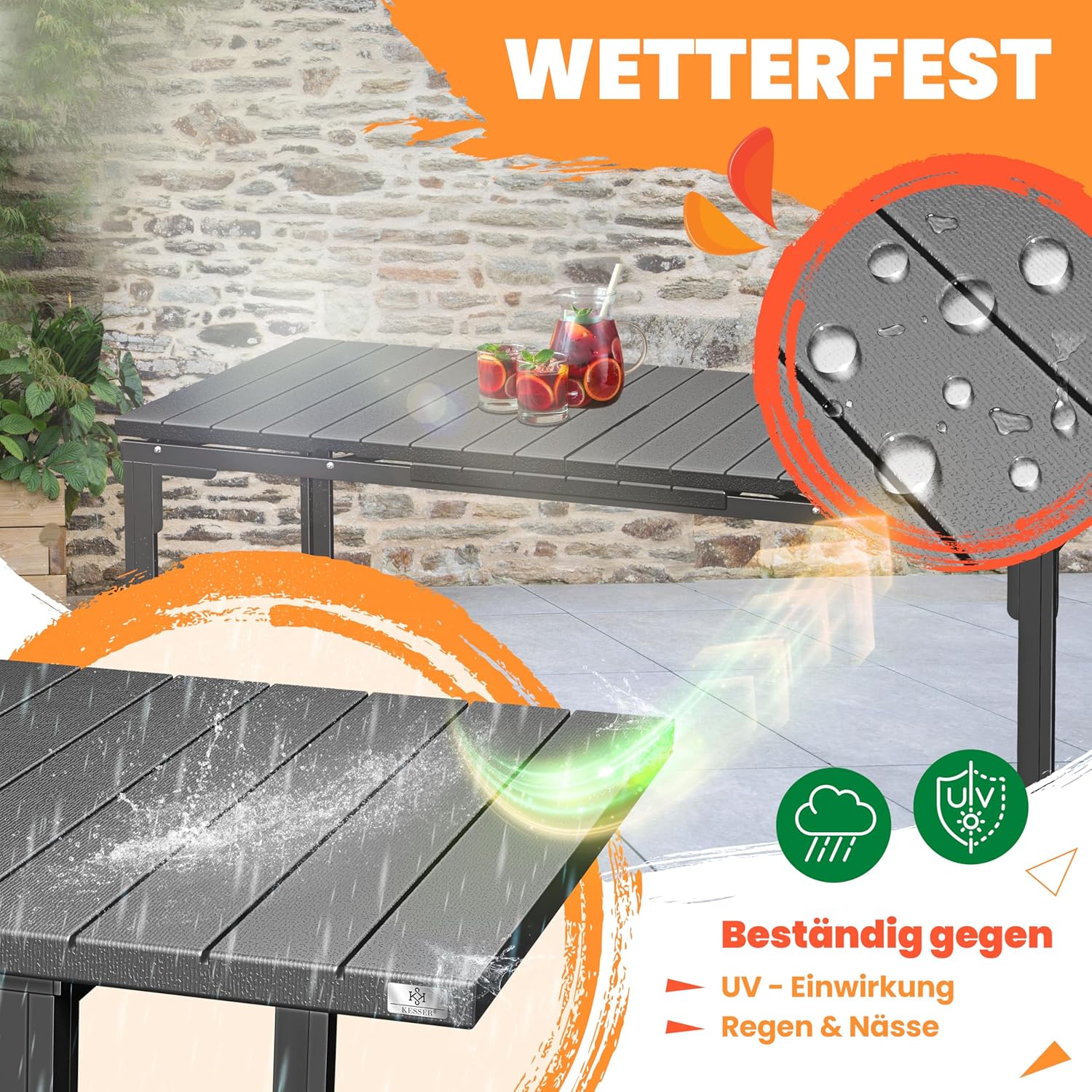 KESSER® Gartentisch ausziehbar Esstisch 180/240x90cm erweiterbar bis 8 Personen Ausziehtisch mit pulverbeschichtetem Stahl-Gestell & HDPE Tischplatte Wetterfest & UV-Beständig inkl. 6 Filz-Untersetzer — Ansicht 4