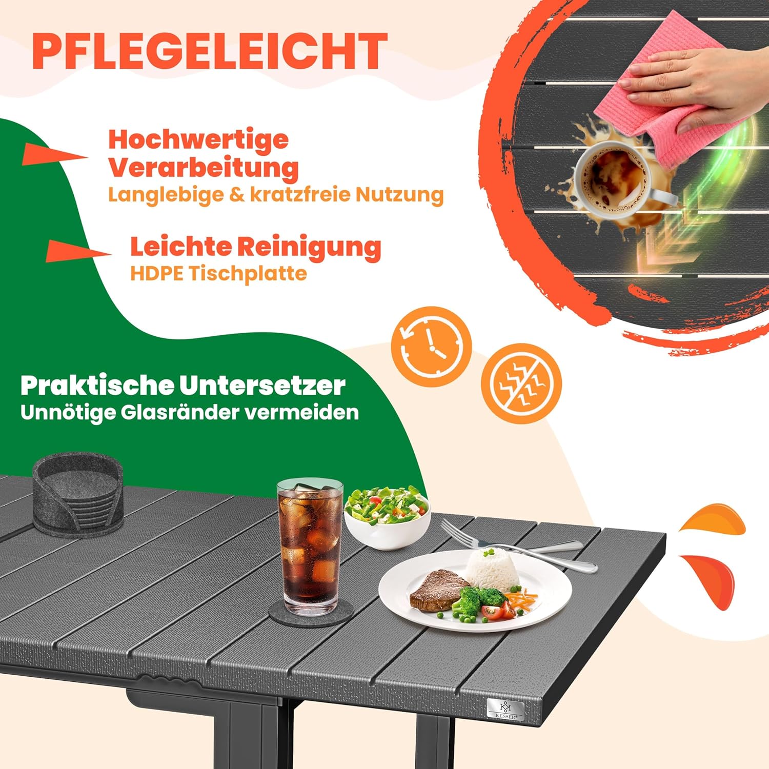 KESSER® Gartentisch ausziehbar Esstisch 180/240x90cm erweiterbar bis 8 Personen Ausziehtisch mit pulverbeschichtetem Stahl-Gestell & HDPE Tischplatte Wetterfest & UV-Beständig inkl. 6 Filz-Untersetzer — Ansicht 5