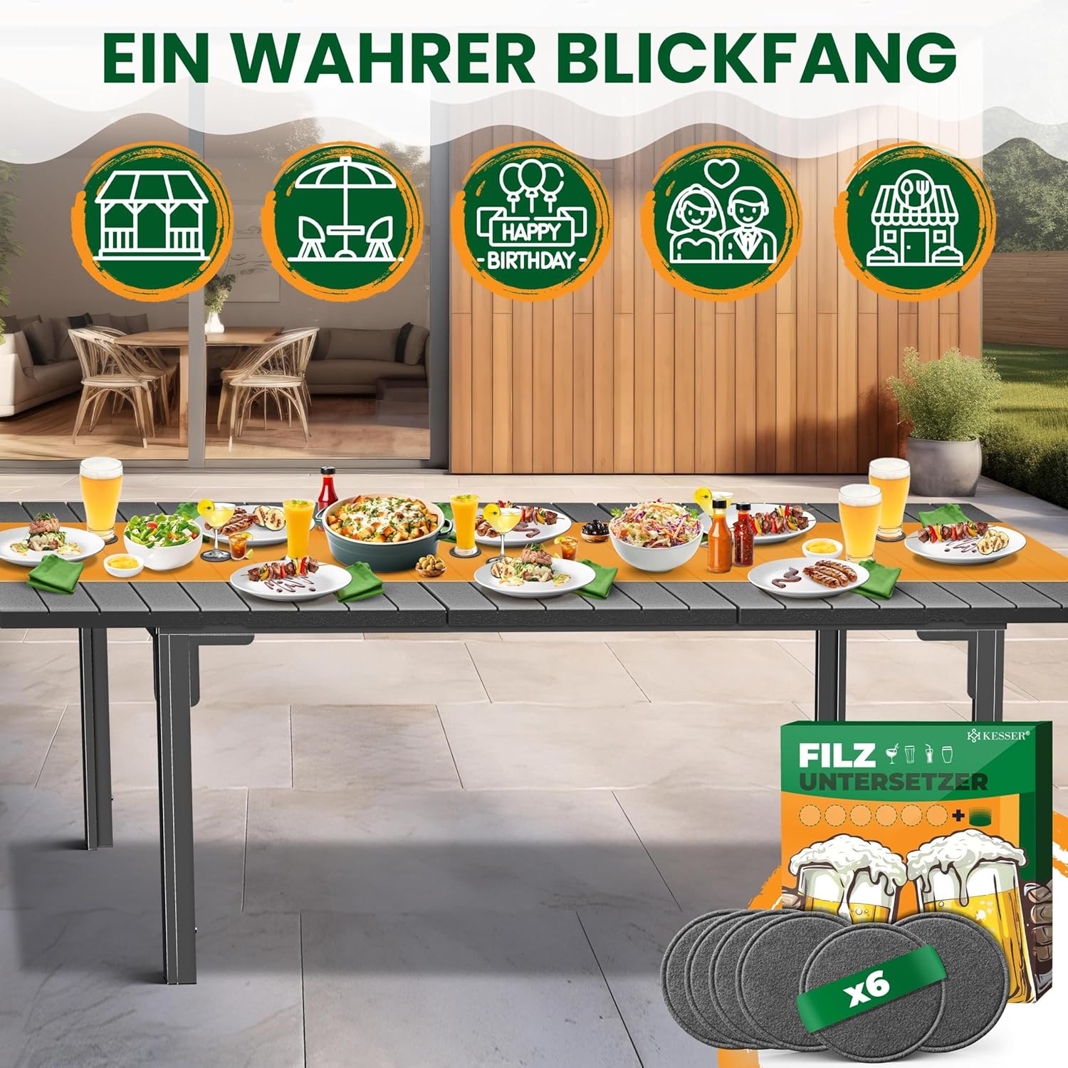 KESSER® Gartentisch ausziehbar Esstisch 180/240x90cm erweiterbar bis 8 Personen Ausziehtisch mit pulverbeschichtetem Stahl-Gestell & HDPE Tischplatte Wetterfest & UV-Beständig inkl. 6 Filz-Untersetzer — Ansicht 6