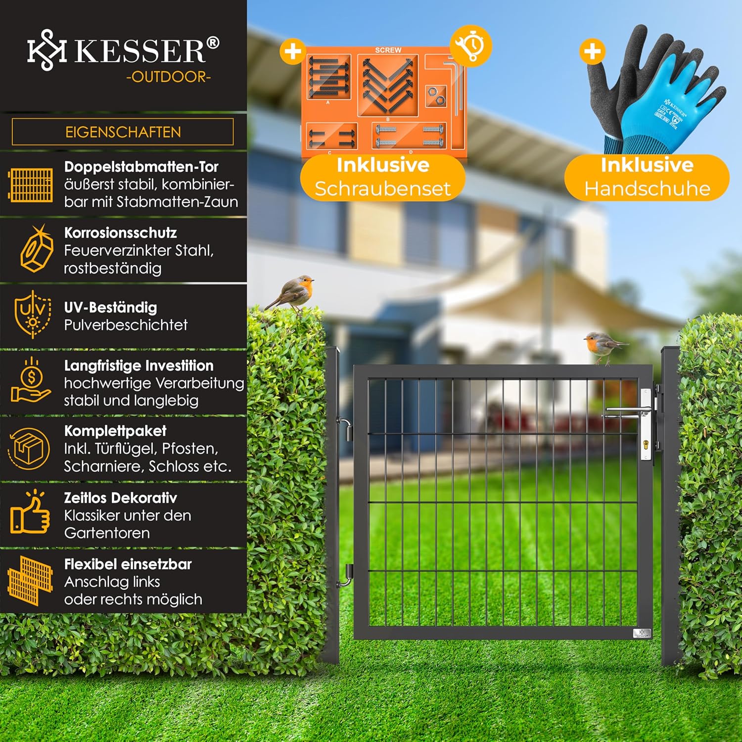 KESSER® Gartentor Premium Gartentür aus Metall verzinktem Stahl, Gartentür für Stabmattenzaun Zauntor, Hoftor, inkl. Pfosten mit Schloss Türklinke, Schlüssel & Montagezubehör, 80 x 106 cm, Anthrazit — Ansicht 2