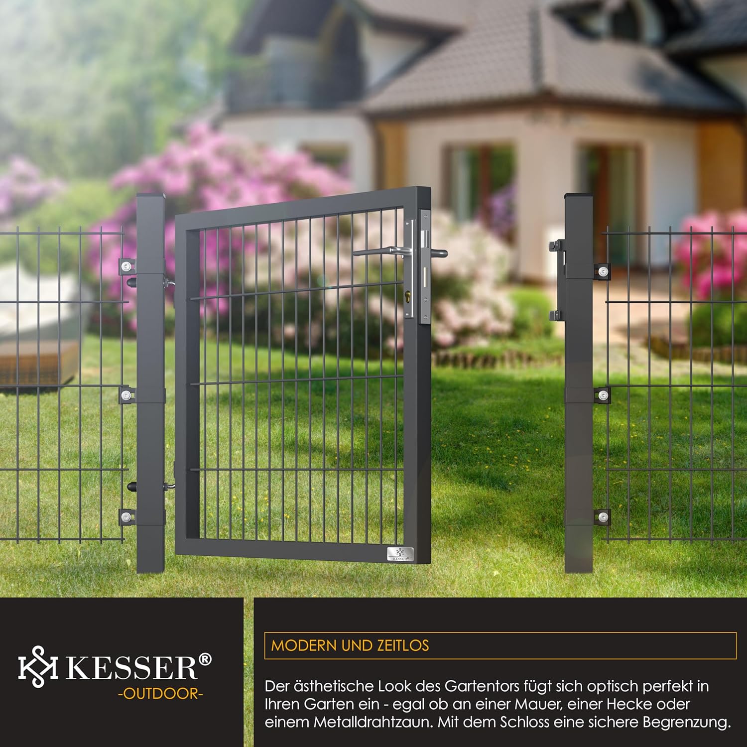KESSER® Gartentor Premium Gartentür aus Metall verzinktem Stahl, Gartentür für Stabmattenzaun Zauntor, Hoftor, inkl. Pfosten mit Schloss Türklinke, Schlüssel & Montagezubehör, 80 x 106 cm, Anthrazit — Ansicht 5