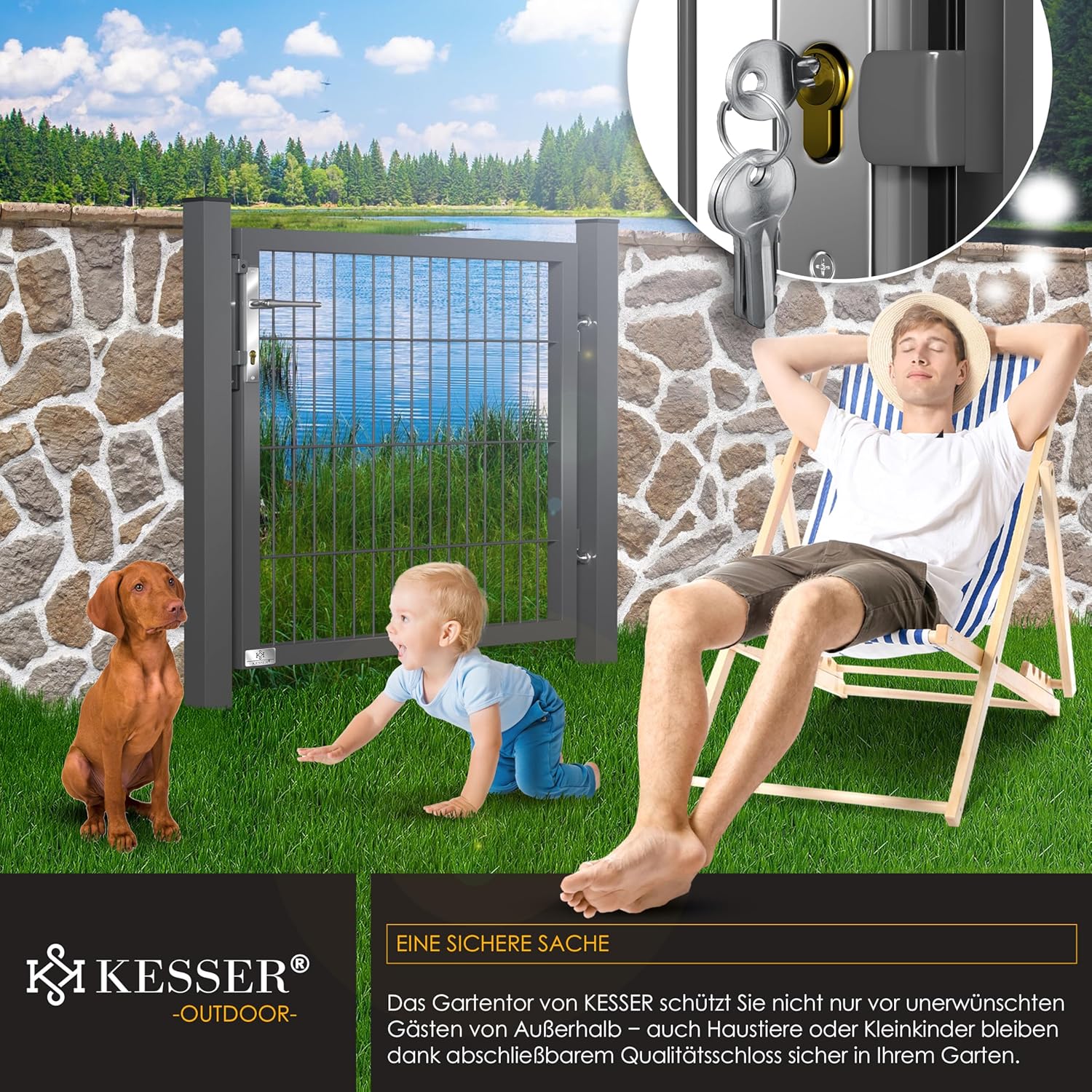 KESSER® Gartentor Premium Gartentür aus Metall verzinktem Stahl, Gartentür für Stabmattenzaun Zauntor, Hoftor, inkl. Pfosten mit Schloss Türklinke, Schlüssel & Montagezubehör, 80 x 106 cm, Anthrazit — Ansicht 6