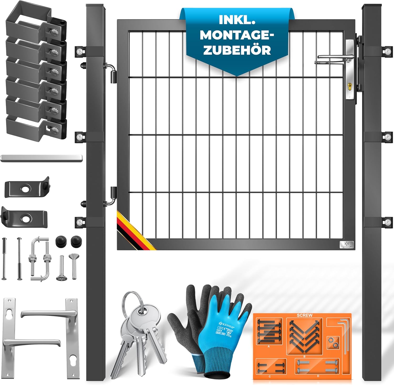 KESSER® Gartentor Premium Gartentür aus Metall verzinktem Stahl, Gartentür für Stabmattenzaun Zauntor, Hoftor, inkl. Pfosten mit Schloss Türklinke, Schlüssel & Montagezubehör, 80 x 106 cm, Anthrazit