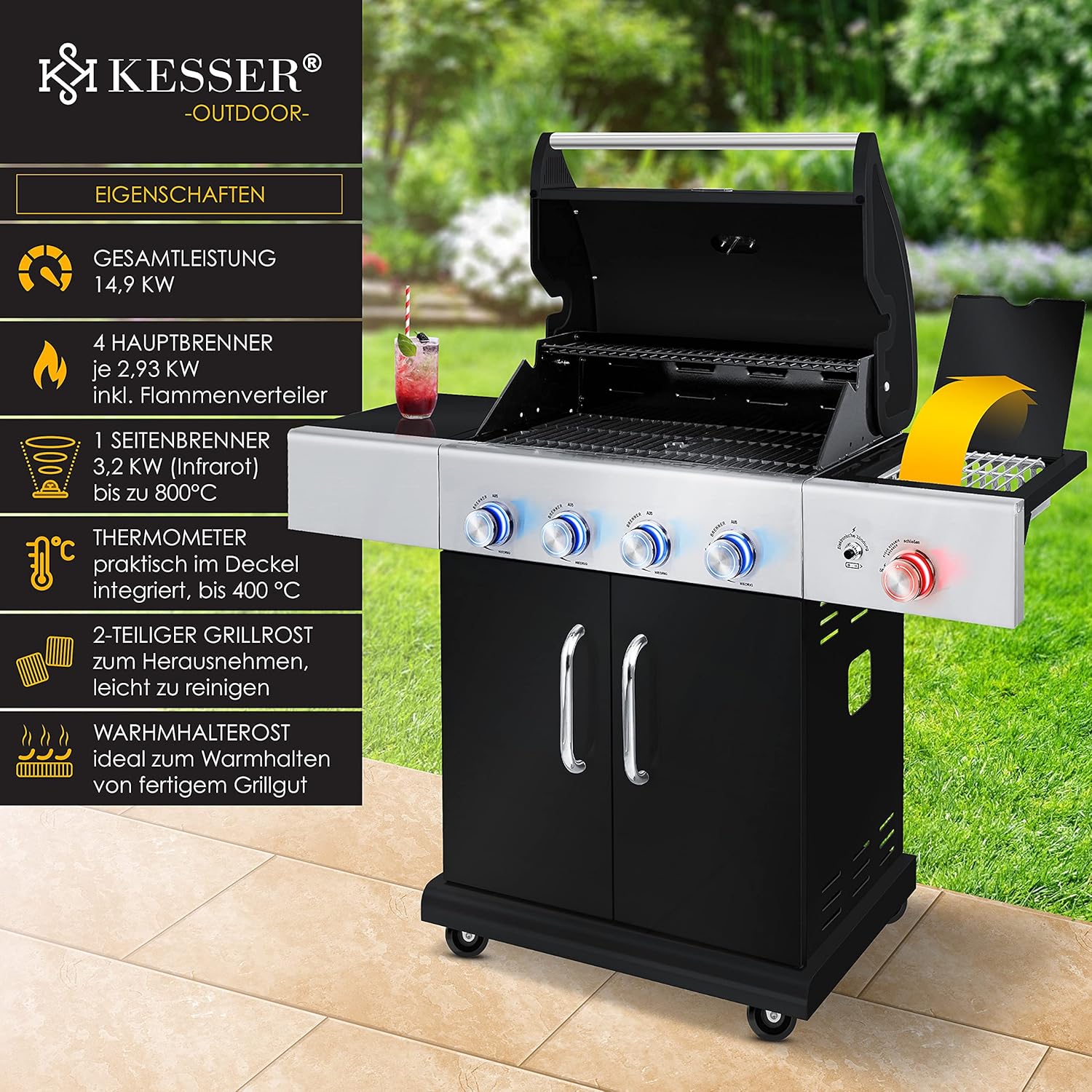 KESSER® Gasgrill mit 4 Brenner + 1x Infrarot Keramik Seitenbrenner & Piezo-Zündung | bis 800°C BBQ Grillwagen aus Edelstahl inkl. Grillrost (66cm) aus Gusseisen, Grillthermometer & Gas-Schlauch — Ansicht 3