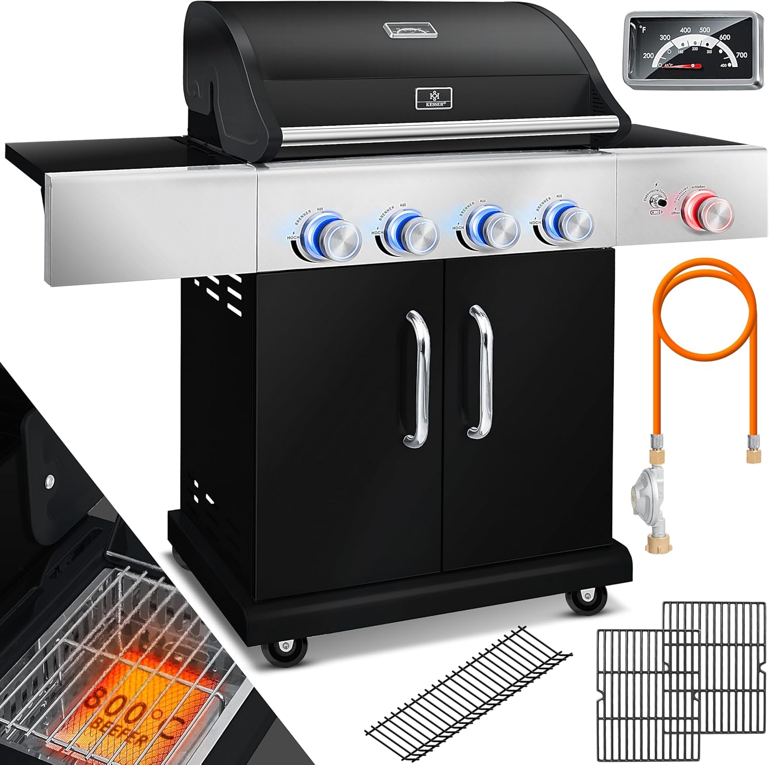 KESSER® Gasgrill mit 4 Brenner + 1x Infrarot Keramik Seitenbrenner & Piezo-Zündung | bis 800°C BBQ Grillwagen aus Edelstahl inkl. Grillrost (66cm) aus Gusseisen, Grillthermometer & Gas-Schlauch