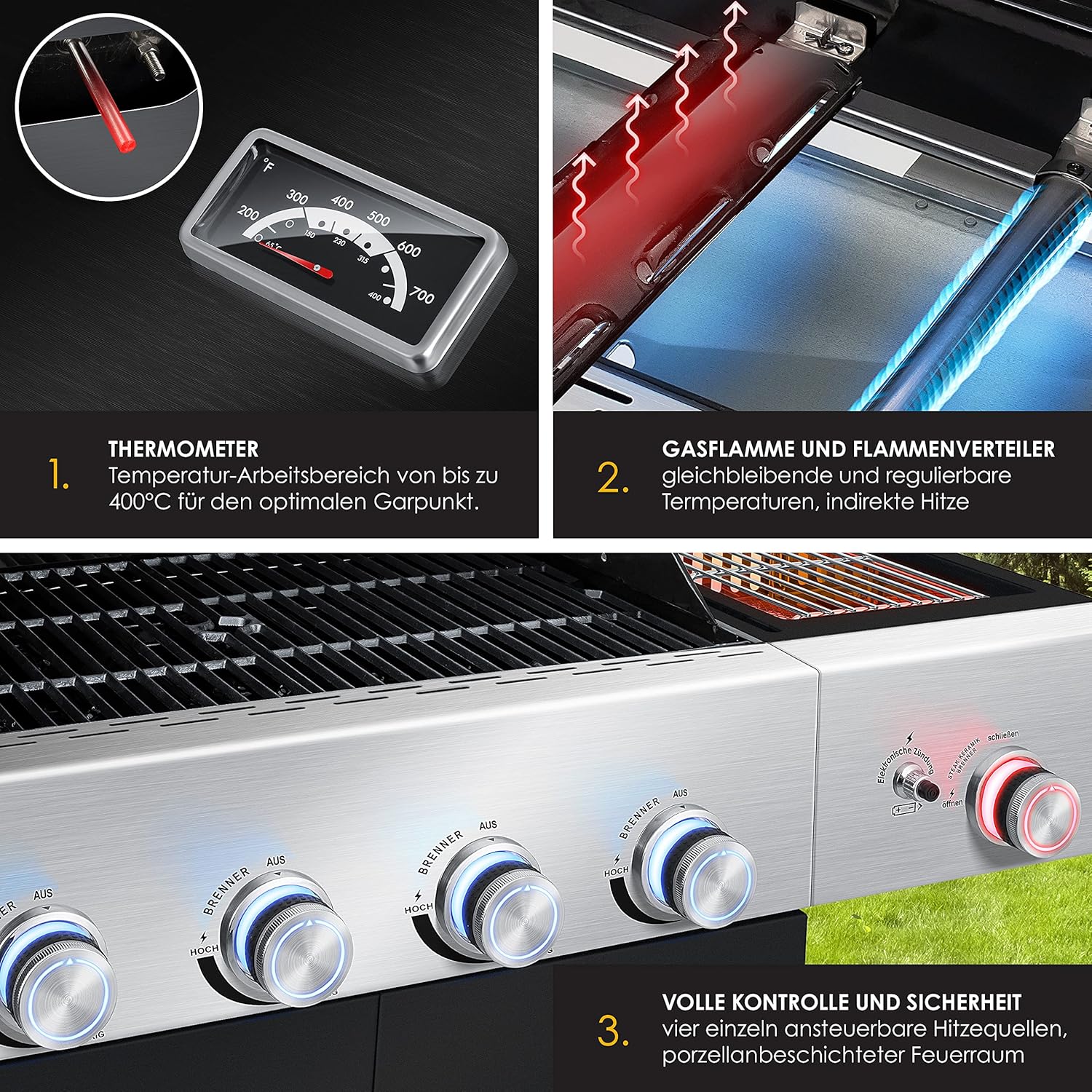 KESSER® Gasgrill mit 4 Brenner + 1x Infrarot Keramik Seitenbrenner & Piezo-Zündung | bis 800°C BBQ Grillwagen aus Edelstahl inkl. Grillrost (66cm) aus Gusseisen, Grillthermometer & Gas-Schlauch — Ansicht 5