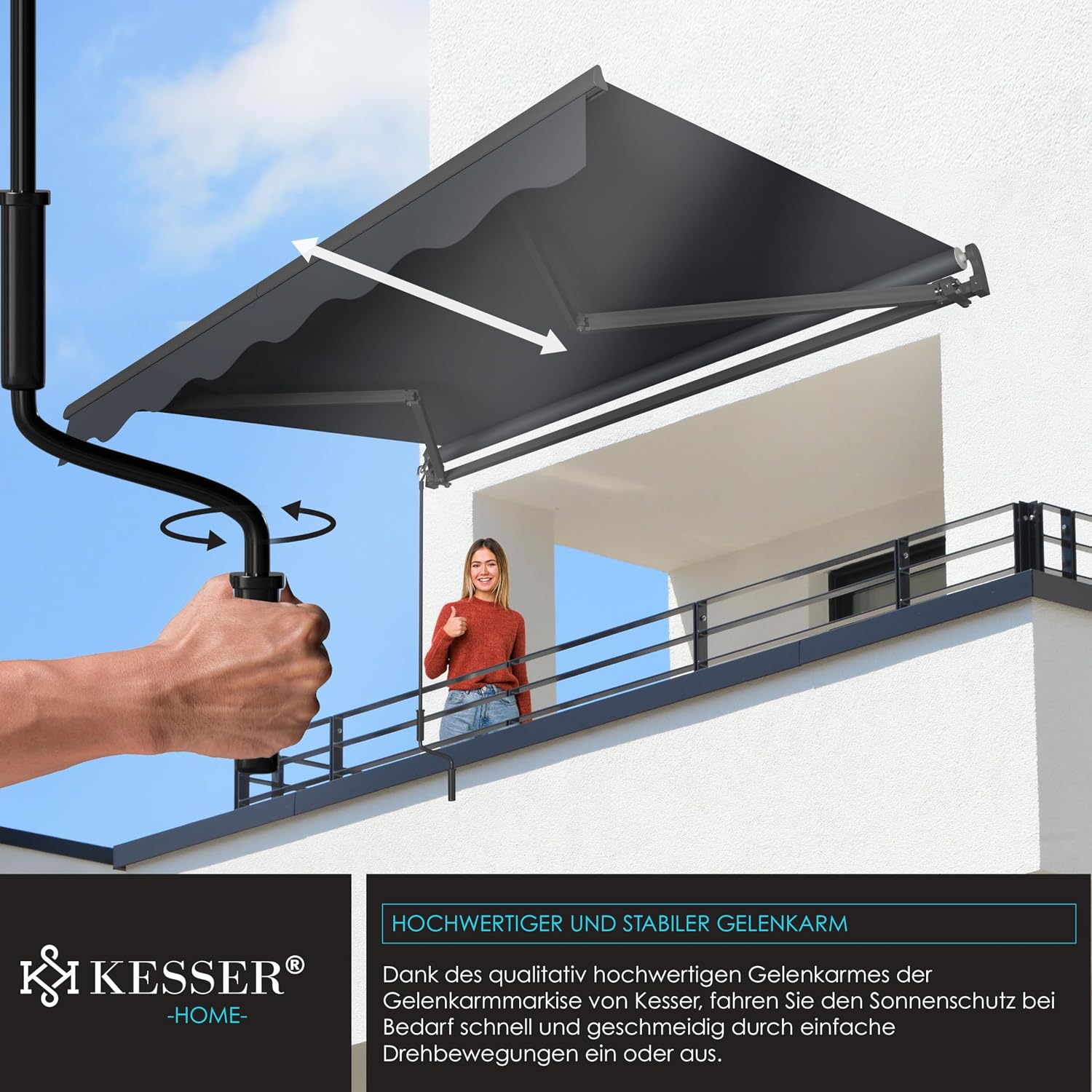 KESSER® Gelenkarmmarkise Vormontiert Markise Gelenkmarkise 300 x 250 cm Terrassenmarkise Sonnenmarkise inkl. Wandhalterung Sonnenschutz Balkonmarkise wasserabweisend Alu/Polyester Anthrazit — Ansicht 3