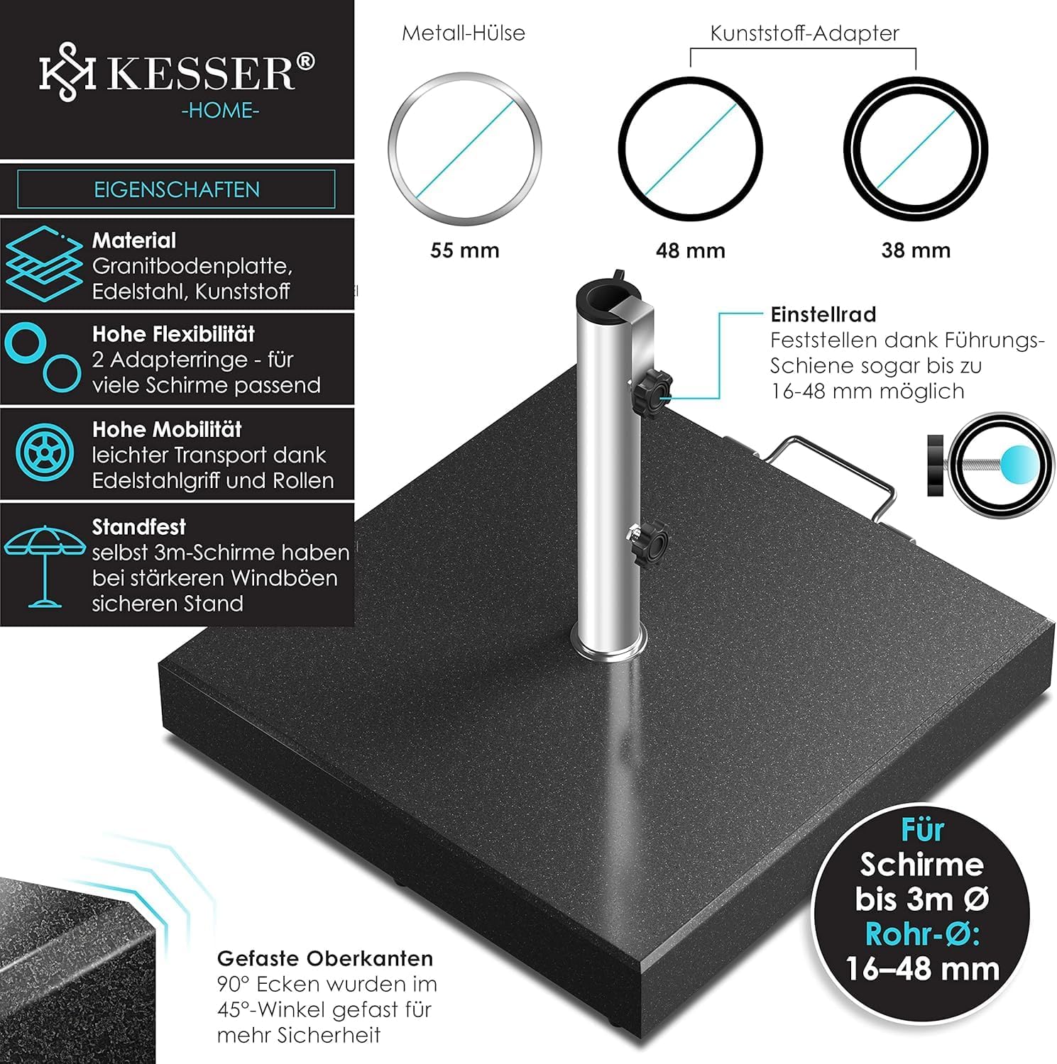 KESSER® Granit Sonnenschirmständer mit Edelstahlrohr, Hochwertiger Schirmständer Quadrat Sockel 30KG - für Schirmstöcke bis 16-48 mm, Inkl. Transport Griff Garten Balkonschirmständer, Anthrazit — Ansicht 2