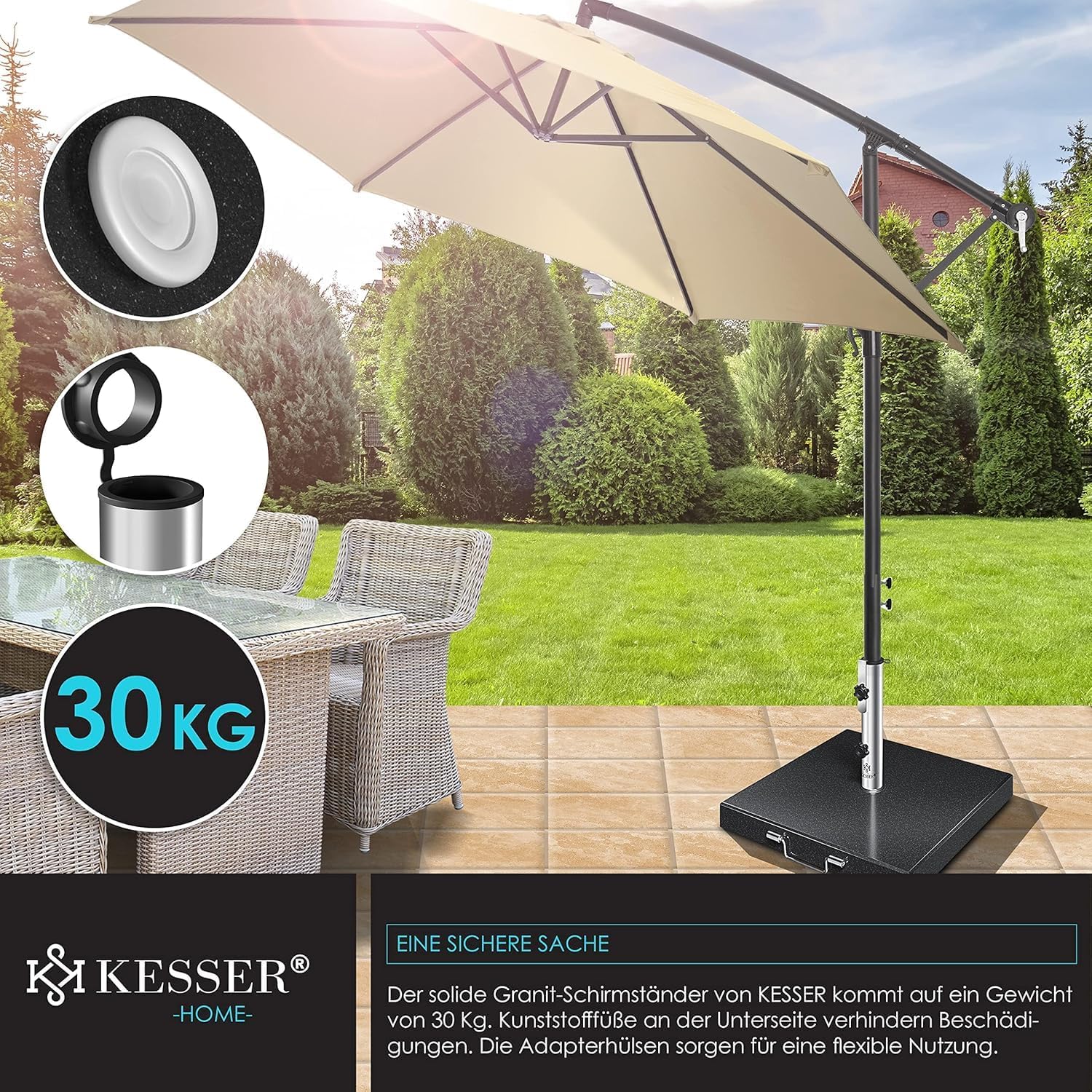 KESSER® Granit Sonnenschirmständer mit Edelstahlrohr, Hochwertiger Schirmständer Quadrat Sockel 30KG - für Schirmstöcke bis 16-48 mm, Inkl. Transport Griff Garten Balkonschirmständer, Anthrazit — Ansicht 6