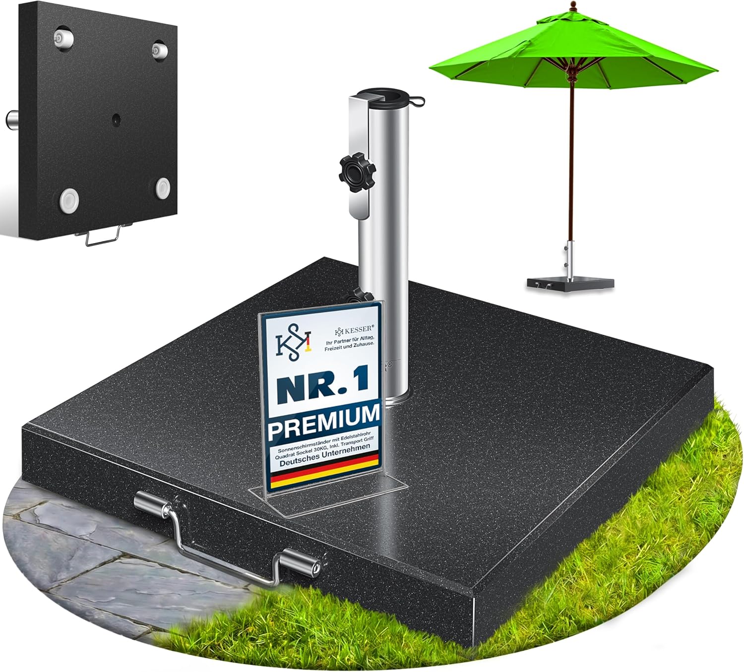 KESSER® Granit Sonnenschirmständer mit Edelstahlrohr, Hochwertiger Schirmständer Quadrat Sockel 30KG - für Schirmstöcke bis 16-48 mm, Inkl. Transport Griff Garten Balkonschirmständer, Anthrazit