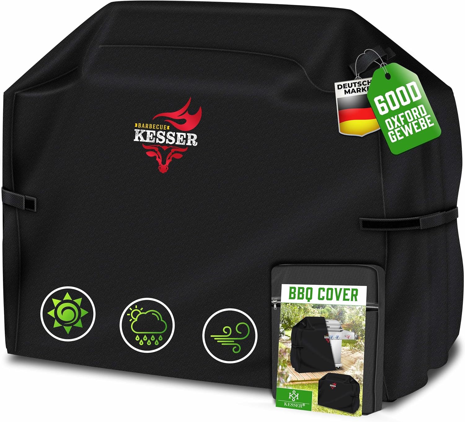 KESSER® Grillabdeckung Wetterfest, Grill Abdeckhaube Gasgrill, Grillhaube Schutzhülle für Weber, Enders, Char Broil, 600D Oxford Gewebe, wasserdicht, UV-beständig, reißfest, 152x71x112cm, Schwarz