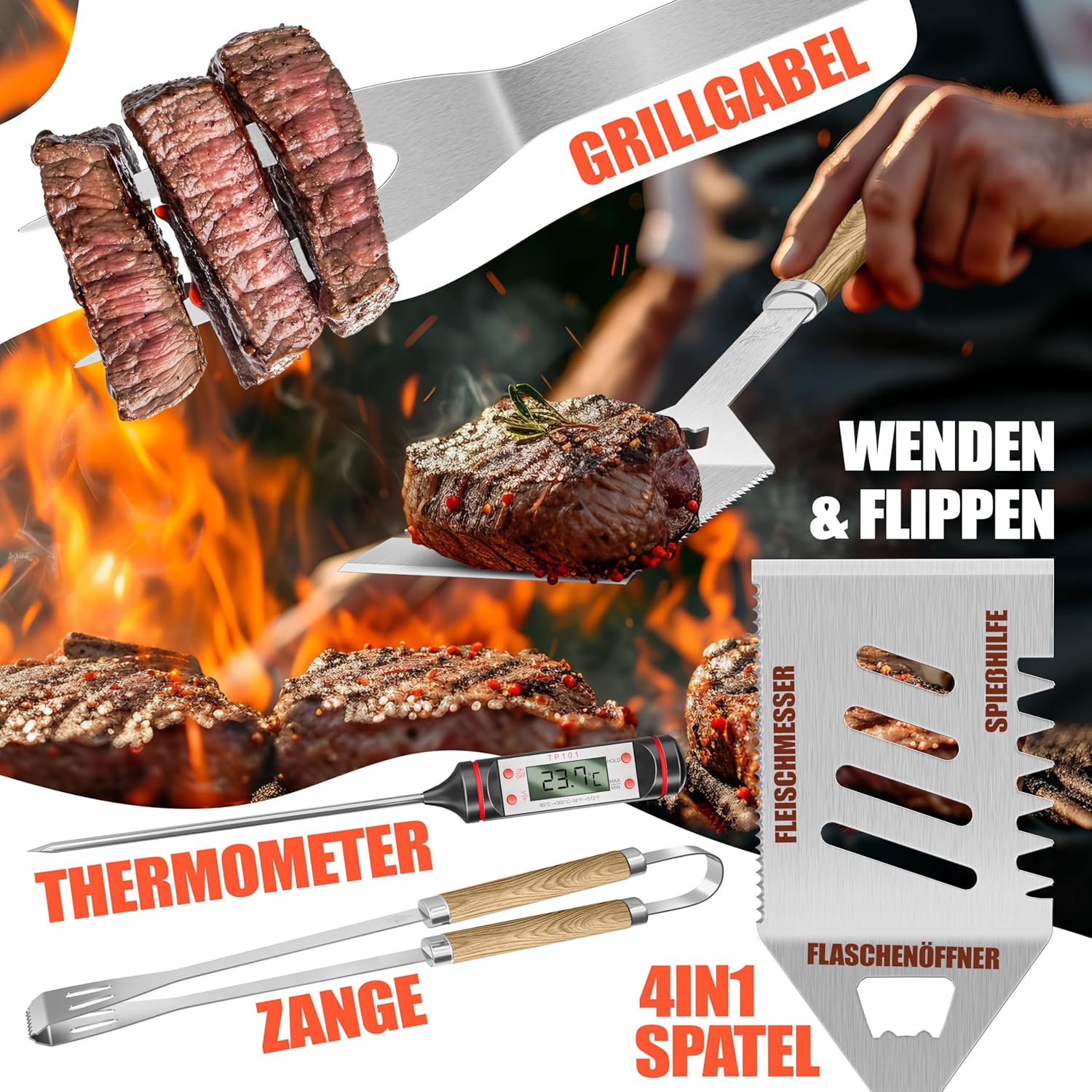 KESSER® Grillbesteck Set 37-teilig Grillzubehör aus rostfreiem Edelstahl Grillset mit Grillzange, Grillwender, 4in1 Grillspatel, Grillgabel, Grill-Spieß, Thermometer, Korkenzieher, Grillmatte & Tasche — Ansicht 3