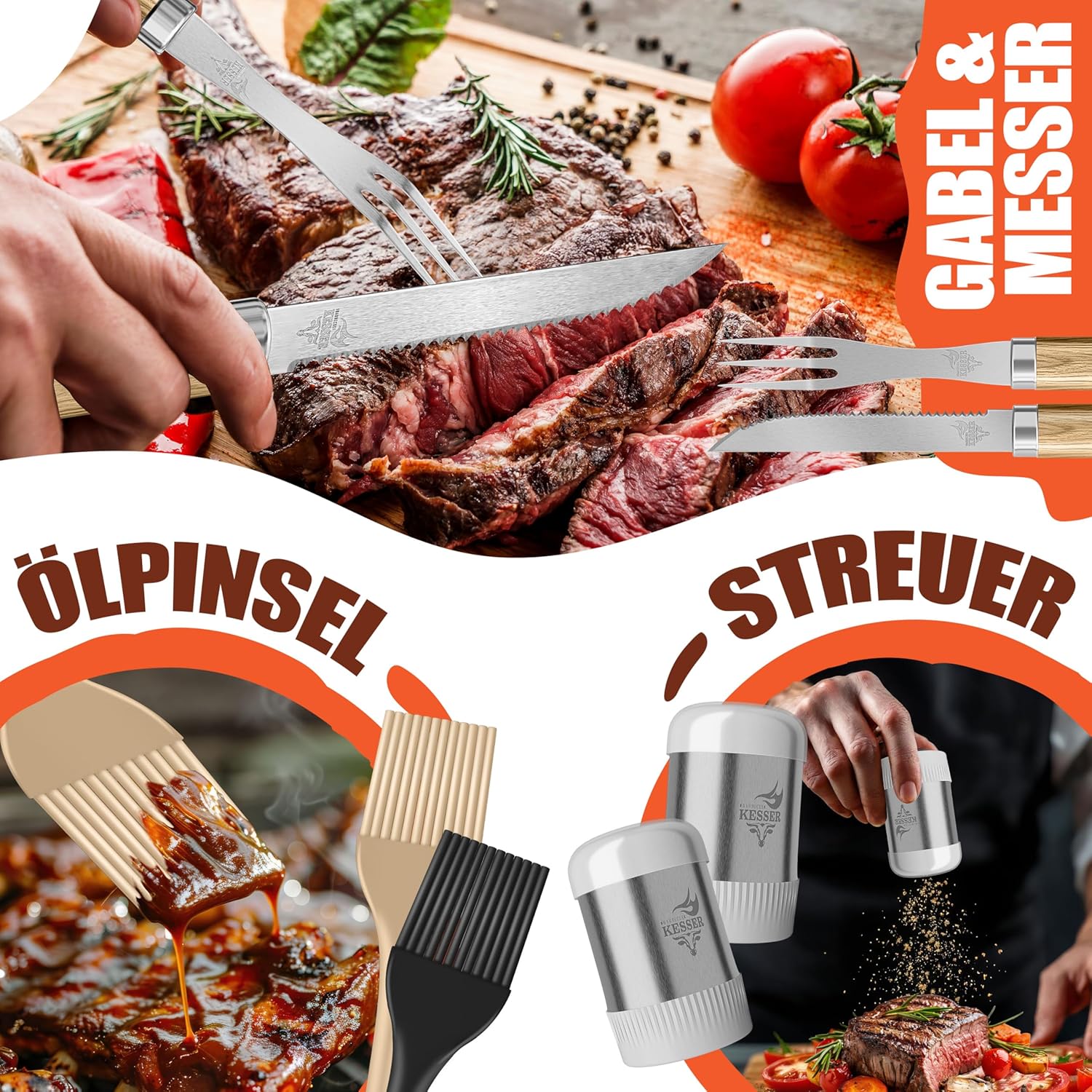 KESSER® Grillbesteck Set 37-teilig Grillzubehör aus rostfreiem Edelstahl Grillset mit Grillzange, Grillwender, 4in1 Grillspatel, Grillgabel, Grill-Spieß, Thermometer, Korkenzieher, Grillmatte & Tasche — Ansicht 4