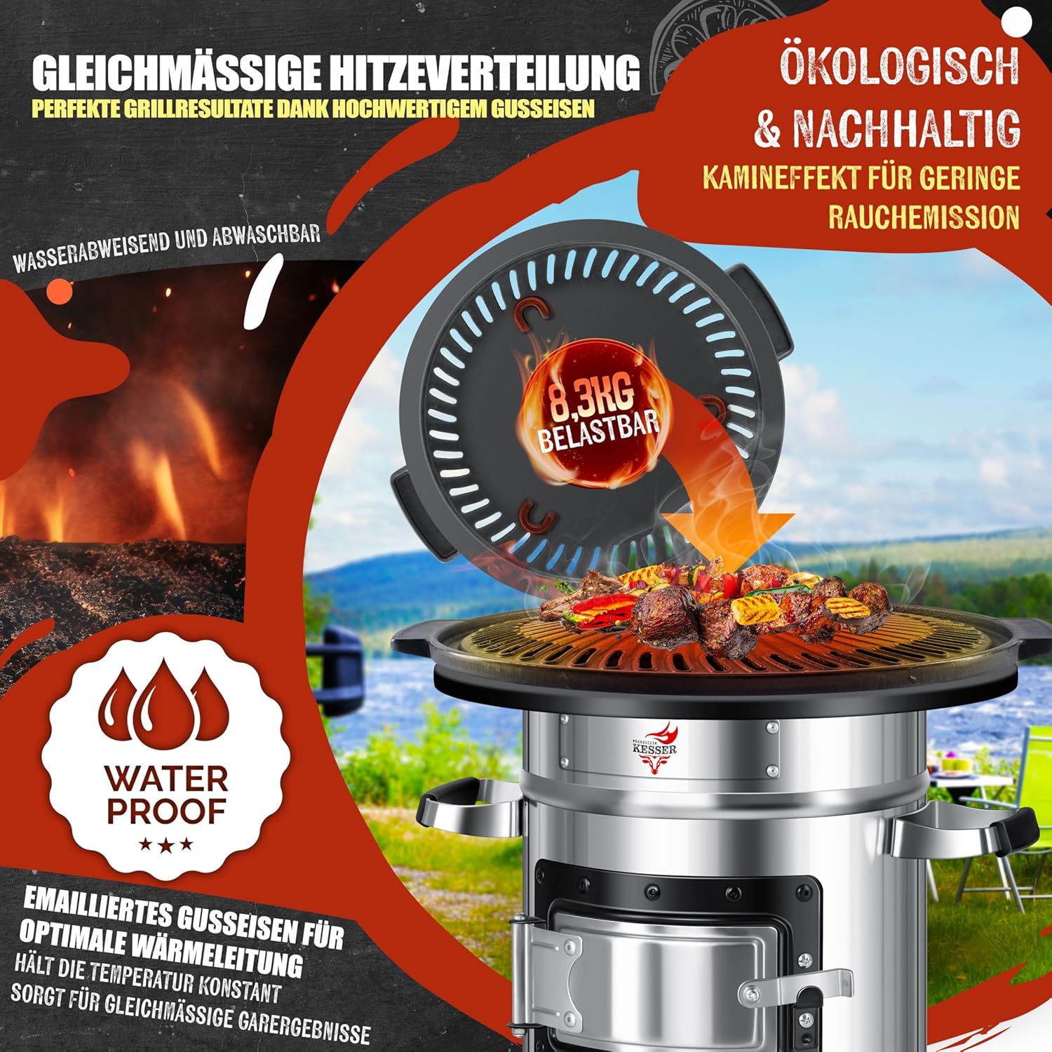 KESSER® Grillplatte für Raketenofen, Grillplatte aus Gusseisen für Dutch Oven BBQ Rakete Holzofen Camping Campingkocher Campinggrill, Leicht zu reinigen, für Fleisch und kleine Grillstücke — Ansicht 3