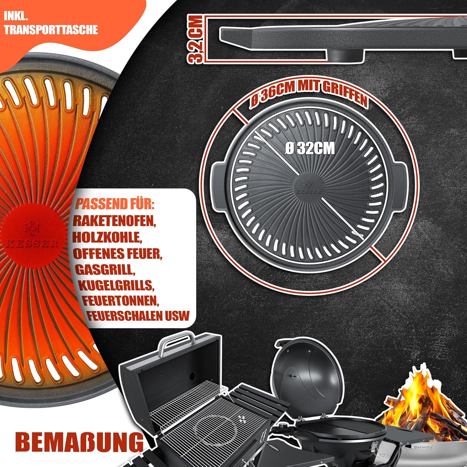 KESSER® Grillplatte für Raketenofen, Grillplatte aus Gusseisen für Dutch Oven BBQ Rakete Holzofen Camping Campingkocher Campinggrill, Leicht zu reinigen, für Fleisch und kleine Grillstücke — Ansicht 6