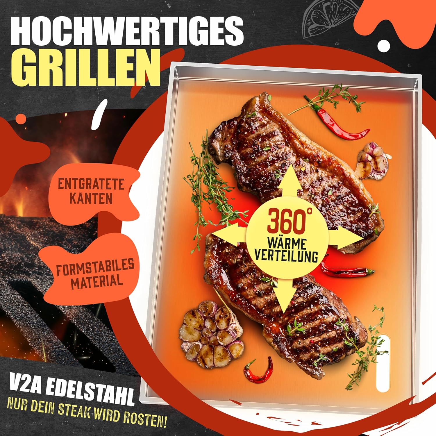 KESSER® Grillplatte Plancha aus Edelstahl 40x30cm rostfrei mit Fettablauf, hitzebeständig bis 800°C & Spülmaschinenfest für Gas & Holzkohlegrill inkl. 2 Spatel, Grillschürze, Grillmatte & Rezeptbuch — Ansicht 3