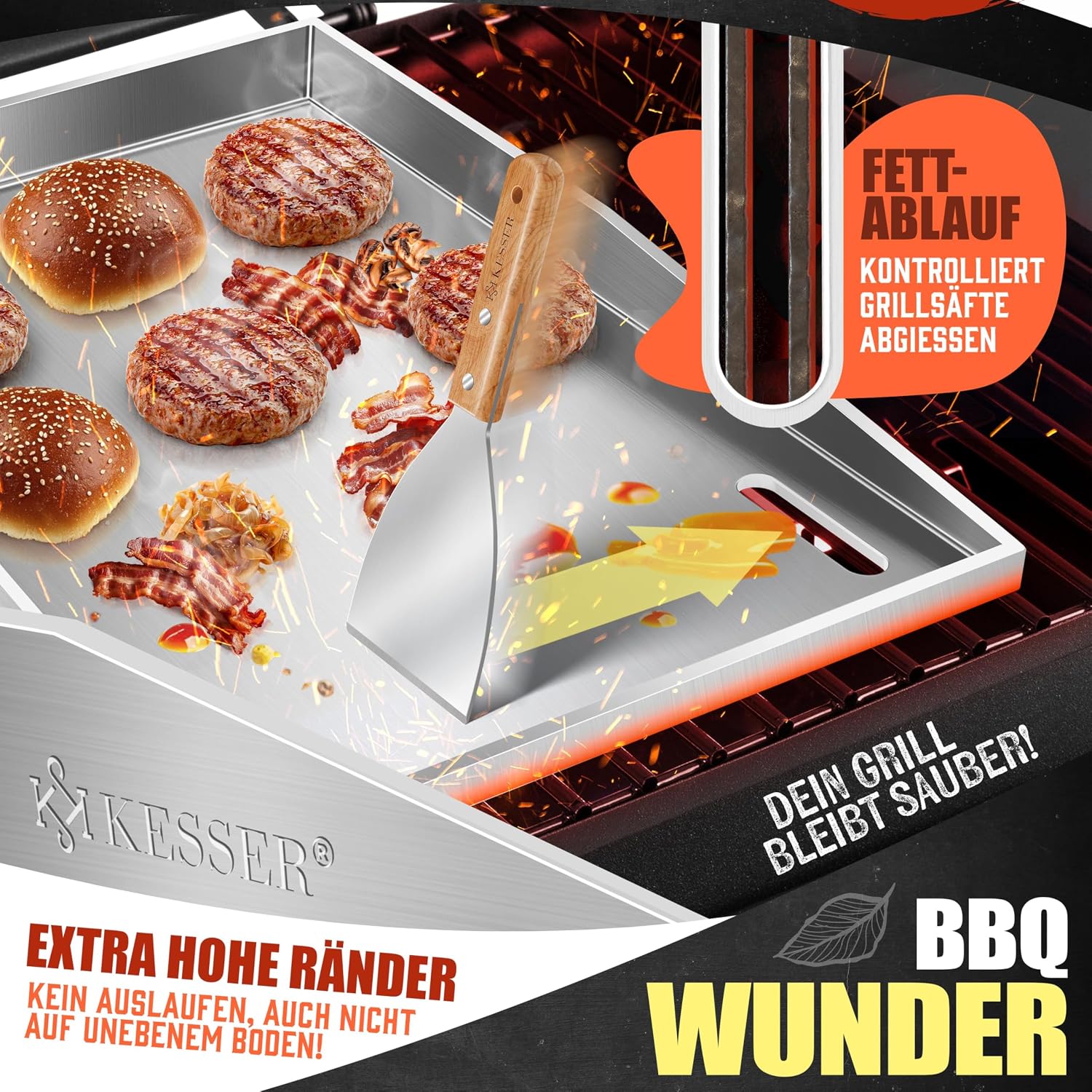 KESSER® Grillplatte Plancha aus Edelstahl 40x30cm rostfrei mit Fettablauf, hitzebeständig bis 800°C & Spülmaschinenfest für Gas & Holzkohlegrill inkl. 2 Spatel, Grillschürze, Grillmatte & Rezeptbuch — Ansicht 4