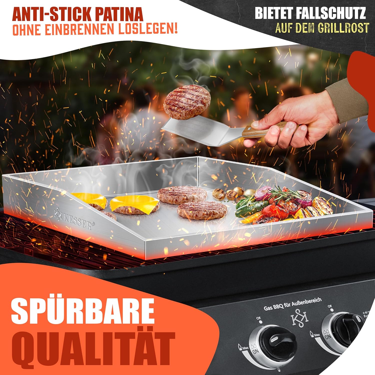 KESSER® Grillplatte Plancha aus Edelstahl 40x30cm rostfrei mit Fettablauf, hitzebeständig bis 800°C & Spülmaschinenfest für Gas & Holzkohlegrill inkl. 2 Spatel, Grillschürze, Grillmatte & Rezeptbuch — Ansicht 5