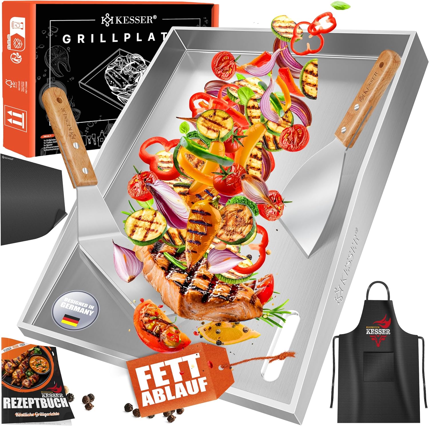KESSER® Grillplatte Plancha aus Edelstahl 40x30cm rostfrei mit Fettablauf, hitzebeständig bis 800°C & Spülmaschinenfest für Gas & Holzkohlegrill inkl. 2 Spatel, Grillschürze, Grillmatte & Rezeptbuch