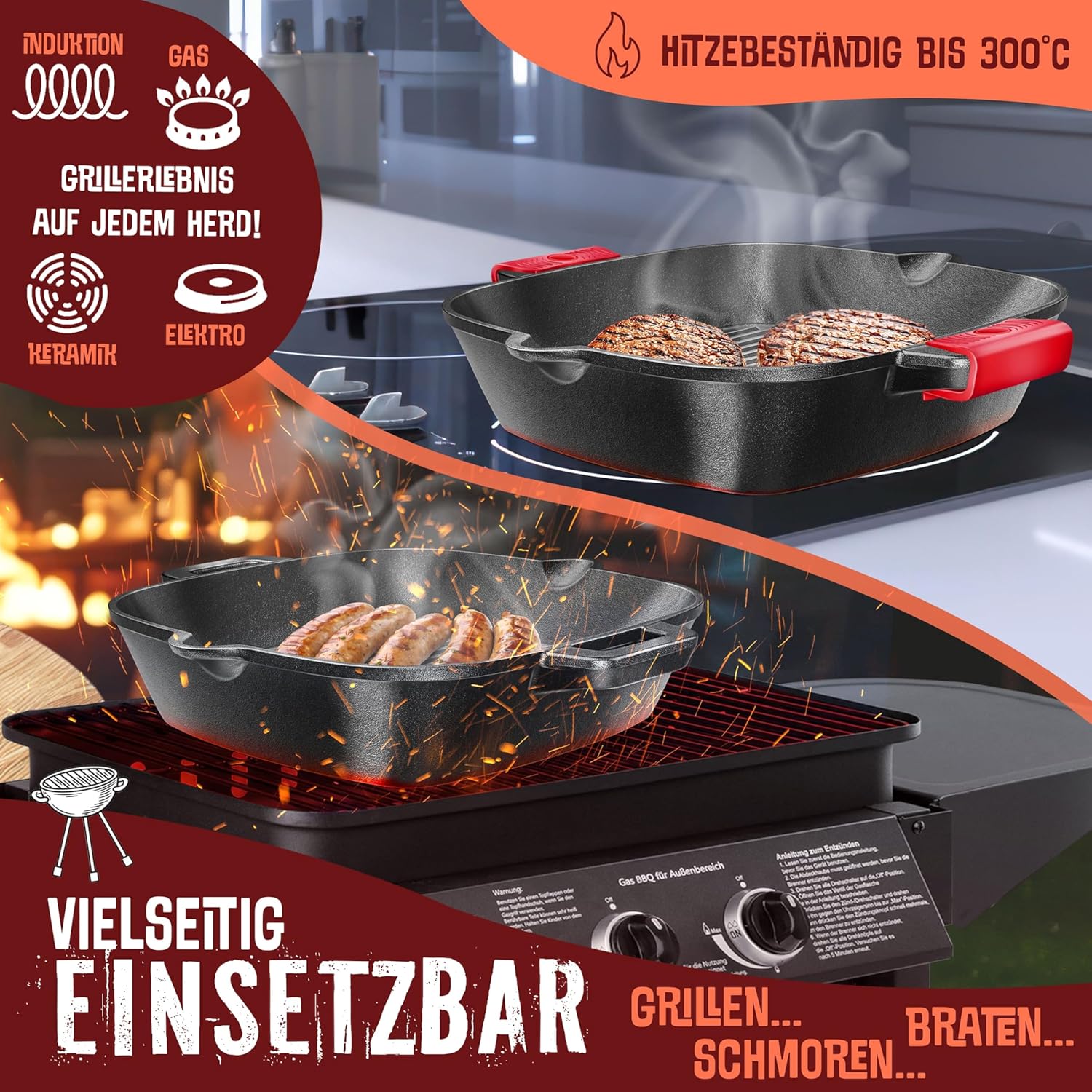 KESSER® Gusseisen Grillpfanne Induktion 26 cm | Gusseisenpfanne Bratpfanne | Cast Iron Pan für Gasgrill, Backofen, Kohlegrill | Steakpfanne | Inkl. Schutzgriffe, Rezeptbuch und Ringreiniger — Ansicht 3