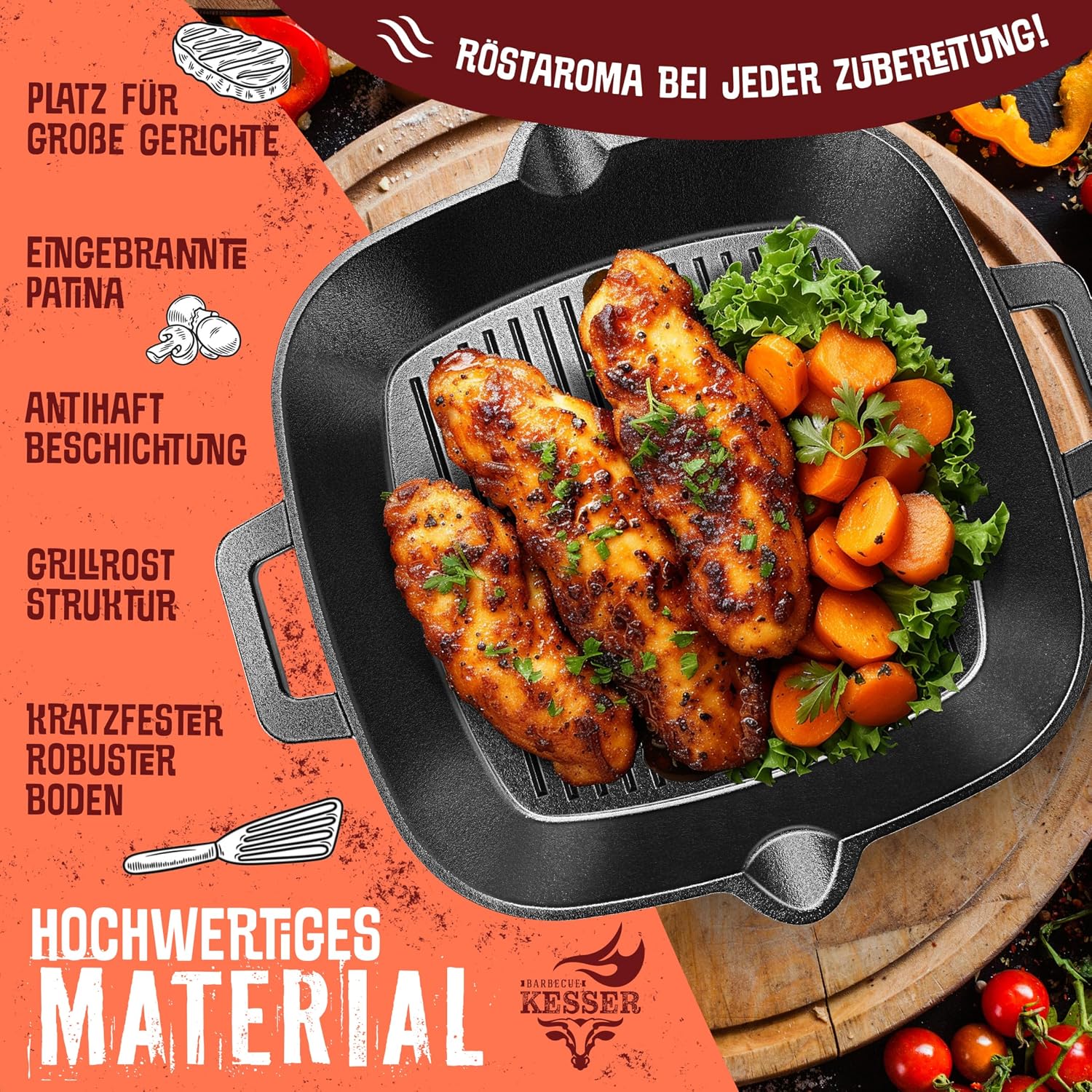 KESSER® Gusseisen Grillpfanne Induktion 26 cm | Gusseisenpfanne Bratpfanne | Cast Iron Pan für Gasgrill, Backofen, Kohlegrill | Steakpfanne | Inkl. Schutzgriffe, Rezeptbuch und Ringreiniger — Ansicht 4