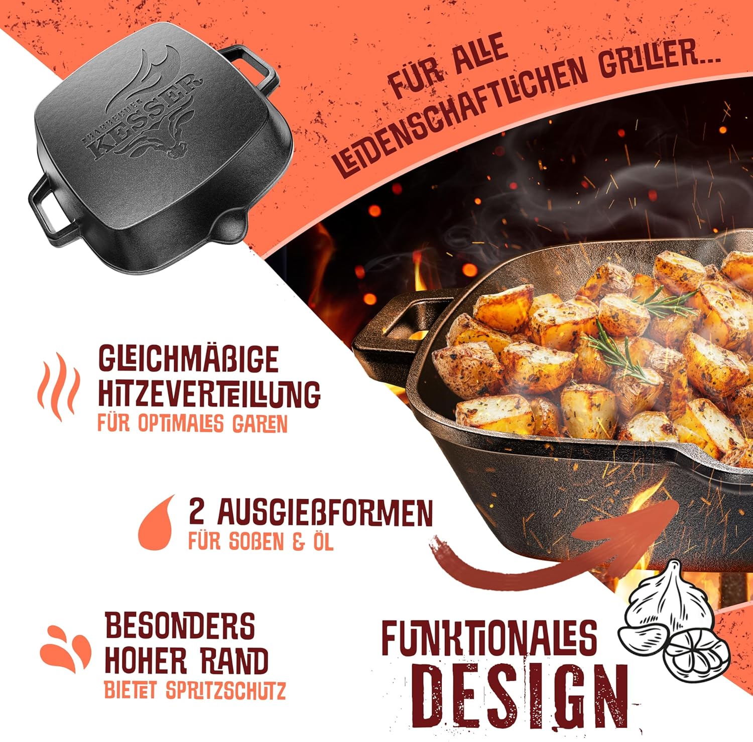 KESSER® Gusseisen Grillpfanne Induktion 26 cm | Gusseisenpfanne Bratpfanne | Cast Iron Pan für Gasgrill, Backofen, Kohlegrill | Steakpfanne | Inkl. Schutzgriffe, Rezeptbuch und Ringreiniger — Ansicht 5