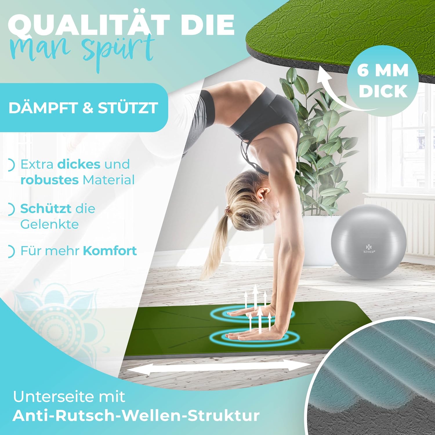 KESSER® Gymnastikmatte mit Tragegurt rutschfest TPE Yogamatte Gepolstert & rutschfest Fitnessmatte, 183 x 61 Trainingsmatte für Fitness Sportmatte, Pilates & Gymnastik Workout — Ansicht 3