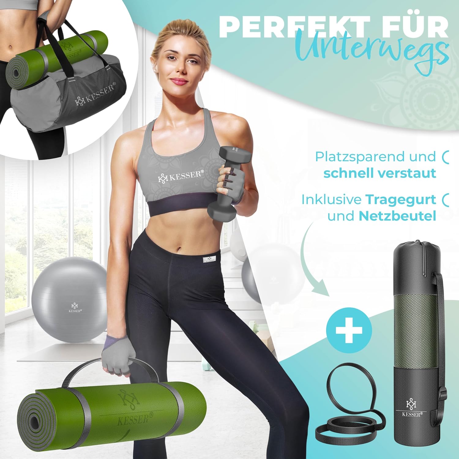 KESSER® Gymnastikmatte mit Tragegurt rutschfest TPE Yogamatte Gepolstert & rutschfest Fitnessmatte, 183 x 61 Trainingsmatte für Fitness Sportmatte, Pilates & Gymnastik Workout — Ansicht 4
