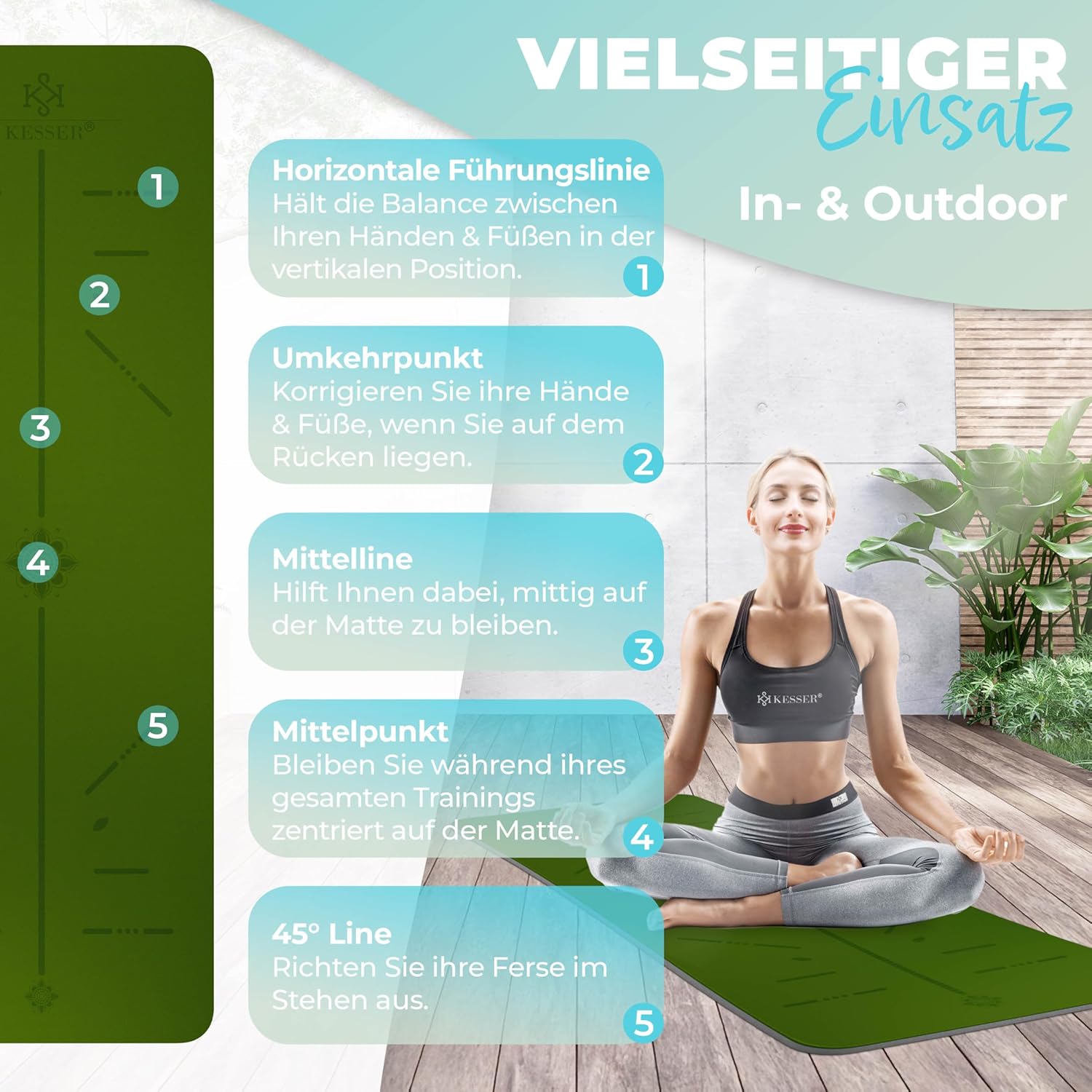 KESSER® Gymnastikmatte mit Tragegurt rutschfest TPE Yogamatte Gepolstert & rutschfest Fitnessmatte, 183 x 61 Trainingsmatte für Fitness Sportmatte, Pilates & Gymnastik Workout — Ansicht 6