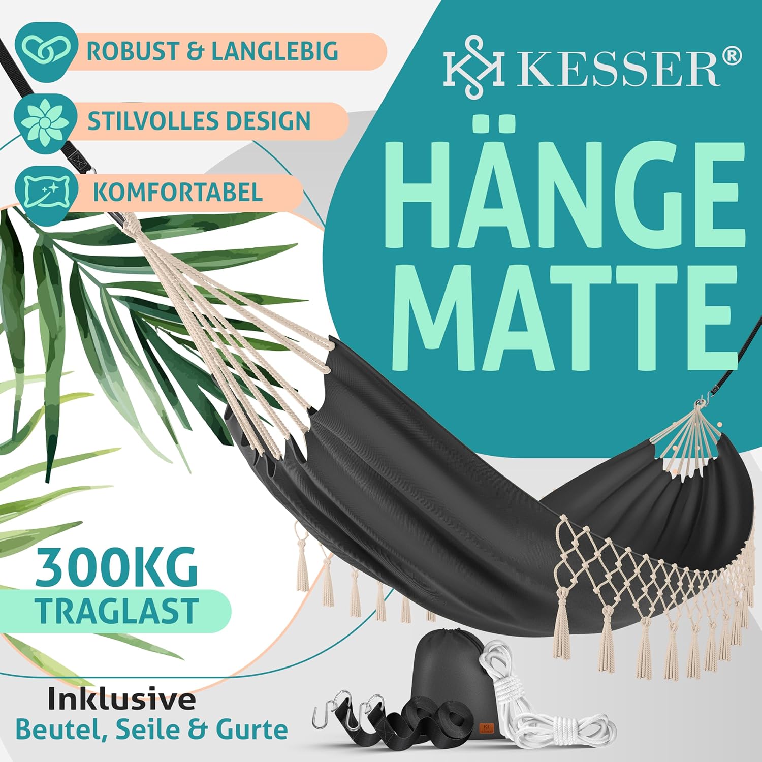 KESSER® Hängematte 320x150 cm belastbar bis 300 kg, wetterfeste & atmungsaktive Tuchhängematte mit Fransen für 1-2 Personen – Ideal für Camping, Garten & Outdoor, inkl. Beutel, Seile & Gurte,Anthrazit — Ansicht 2