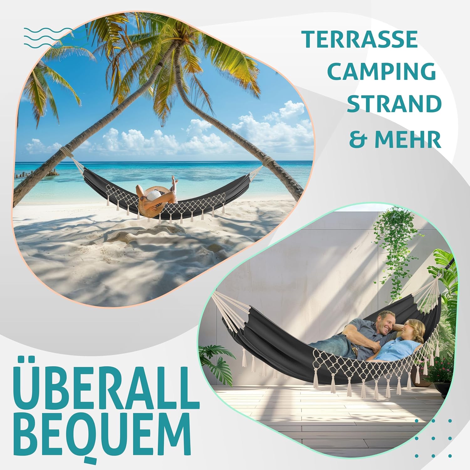KESSER® Hängematte 320x150 cm belastbar bis 300 kg, wetterfeste & atmungsaktive Tuchhängematte mit Fransen für 1-2 Personen – Ideal für Camping, Garten & Outdoor, inkl. Beutel, Seile & Gurte,Anthrazit — Ansicht 5