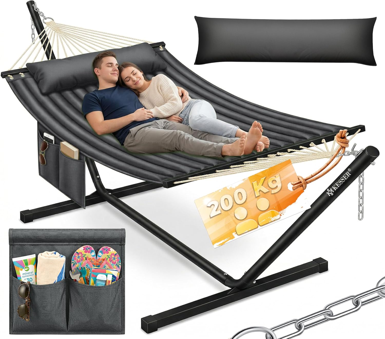 KESSER® Hängematte Hill mit Gestell Kissen Doppelhängematte für 2 Personen-Stabiler Rahmen 200kg Belastbarkeit Indoor & Outdoor XXL Hängesessel Doppel Mehrpersonen Garten Balkon Terrasse, Anthrazit