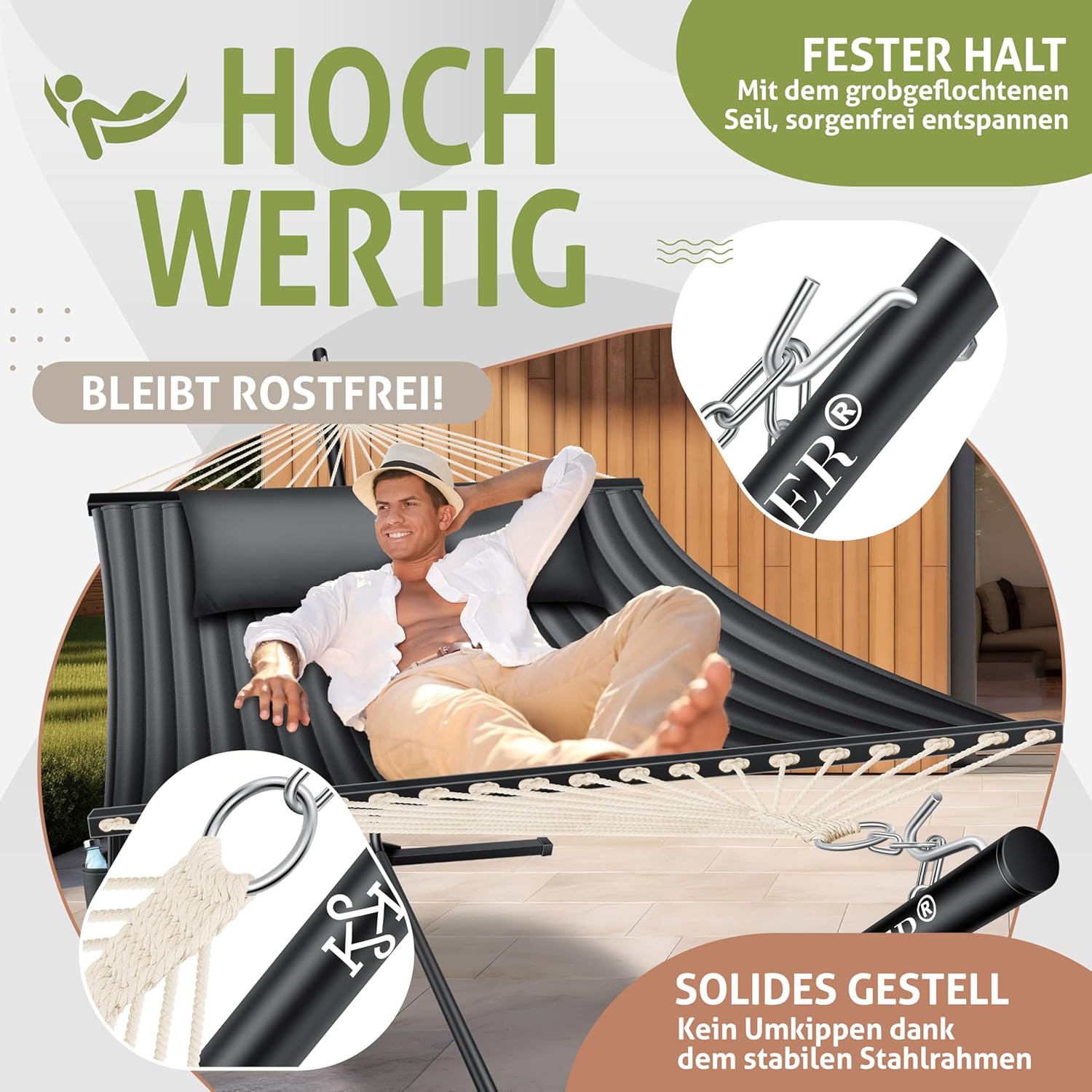 KESSER® Hängematte Hill mit Gestell Kissen Doppelhängematte für 2 Personen-Stabiler Rahmen 200kg Belastbarkeit Indoor & Outdoor XXL Hängesessel Doppel Mehrpersonen Garten Balkon Terrasse, Anthrazit — Ansicht 4