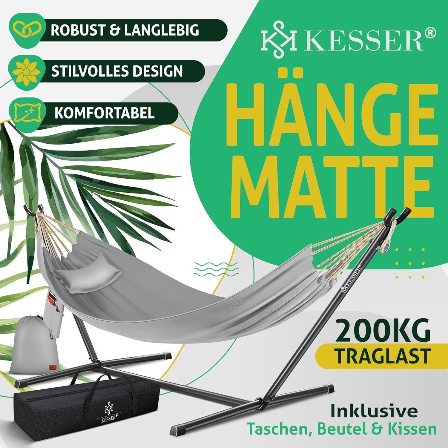 KESSER® Hängematte Lake mit Gestell, Doppel für 2 Personen, 200kg Belastbarkeit, Indoor & Outdoor, XXL Hängesessel, Garten, Pool, Balkon, Terrasse, Inkl. Kissen, Beutel & Tasche, Grau — Ansicht 2