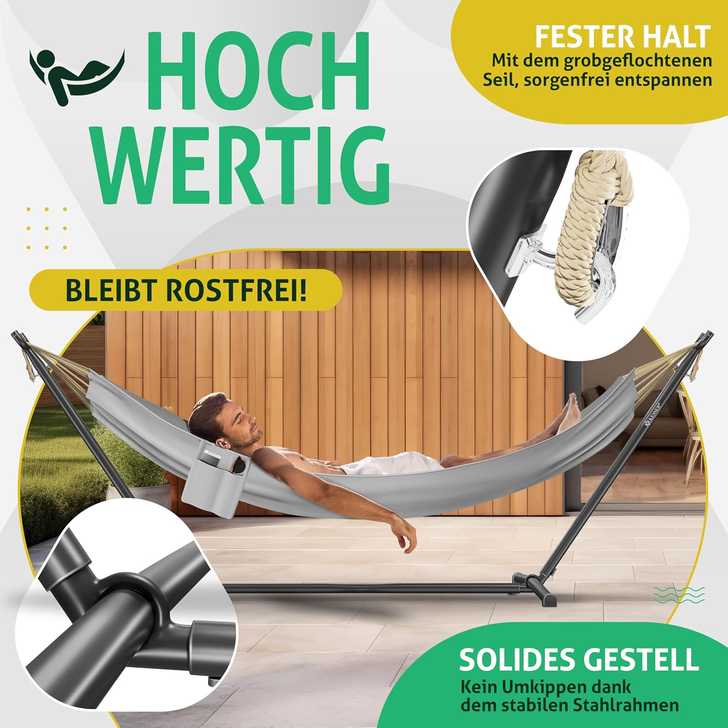 KESSER® Hängematte Lake mit Gestell, Doppel für 2 Personen, 200kg Belastbarkeit, Indoor & Outdoor, XXL Hängesessel, Garten, Pool, Balkon, Terrasse, Inkl. Kissen, Beutel & Tasche, Grau — Ansicht 4