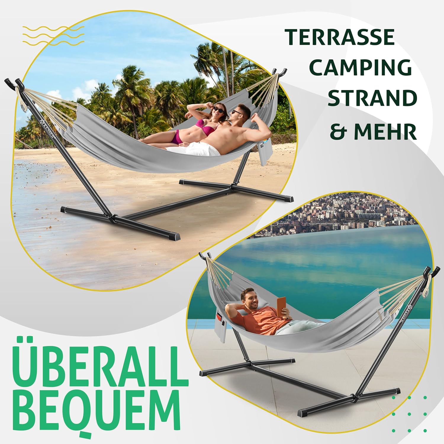 KESSER® Hängematte Lake mit Gestell, Doppel für 2 Personen, 200kg Belastbarkeit, Indoor & Outdoor, XXL Hängesessel, Garten, Pool, Balkon, Terrasse, Inkl. Kissen, Beutel & Tasche, Grau — Ansicht 5