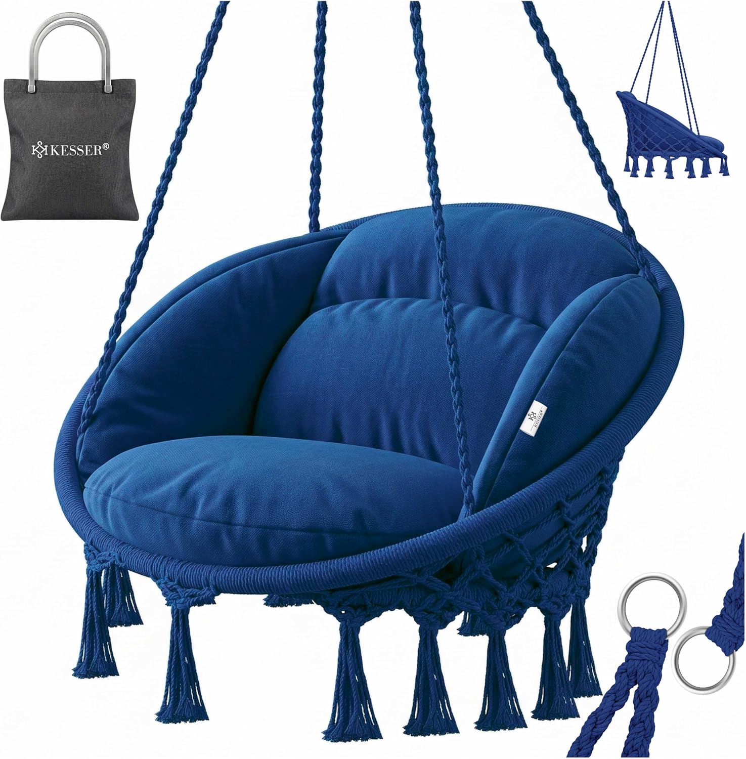 KESSER® Hängesessel 150kg mit 2 Stahlringe Sitzpolster geflochten Fransen Hängestuhl Hängekorb Schaukelkorb Garten Indoor wetterfest, wasserabweisend, Navyblau