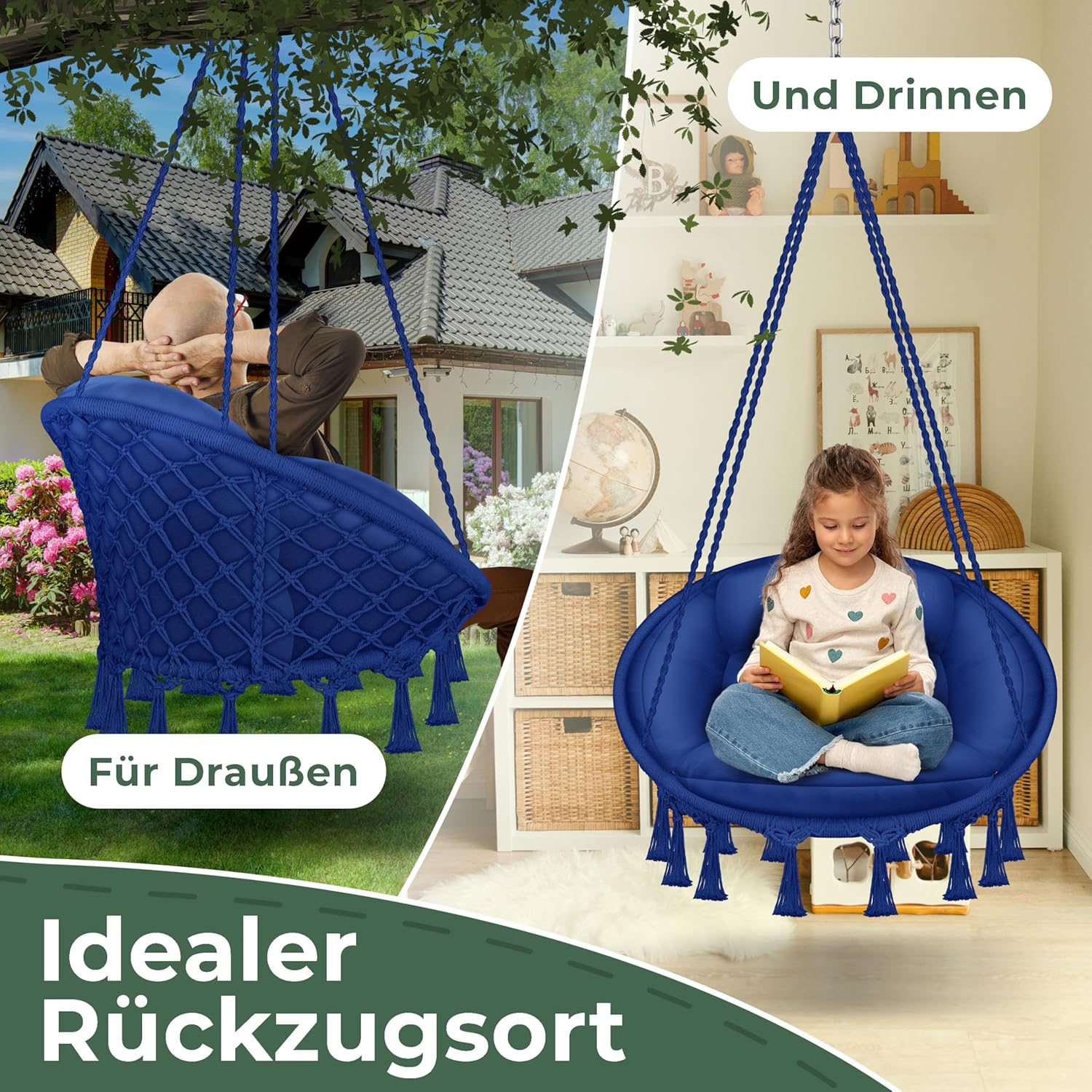 KESSER® Hängesessel 150kg mit 2 Stahlringe Sitzpolster geflochten Fransen Hängestuhl Hängekorb Schaukelkorb Garten Indoor wetterfest, wasserabweisend, Navyblau — Ansicht 5