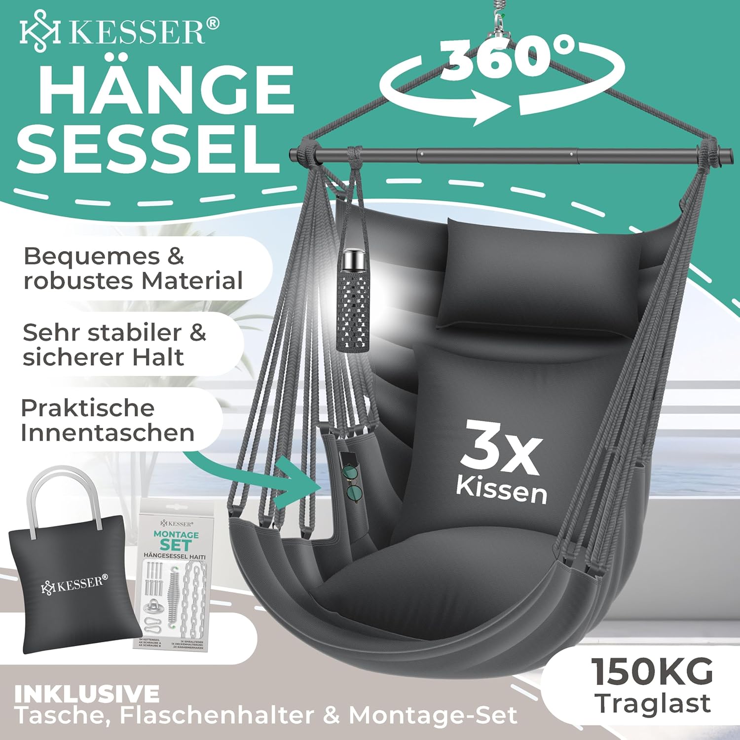 KESSER® Hängesessel Haiti 150kg Traglast, Hängestuhl 360° Drehung, Hängeschaukel Indoor-Outdoor UV-beständig & Wasserfest, Pflegeleicht, Inkl. 2 Kissen, Tragetasche, Flaschenhalter & Montage-Set — Ansicht 2