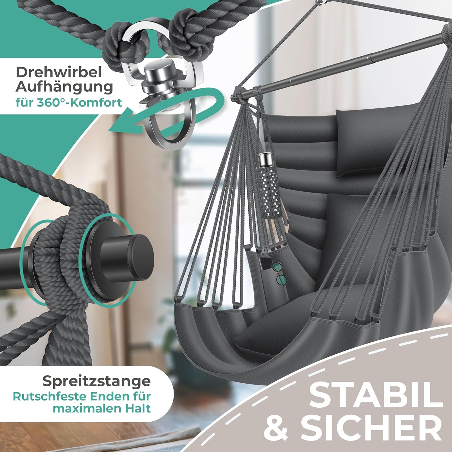 KESSER® Hängesessel Haiti 150kg Traglast, Hängestuhl 360° Drehung, Hängeschaukel Indoor-Outdoor UV-beständig & Wasserfest, Pflegeleicht, Inkl. 2 Kissen, Tragetasche, Flaschenhalter & Montage-Set — Ansicht 3