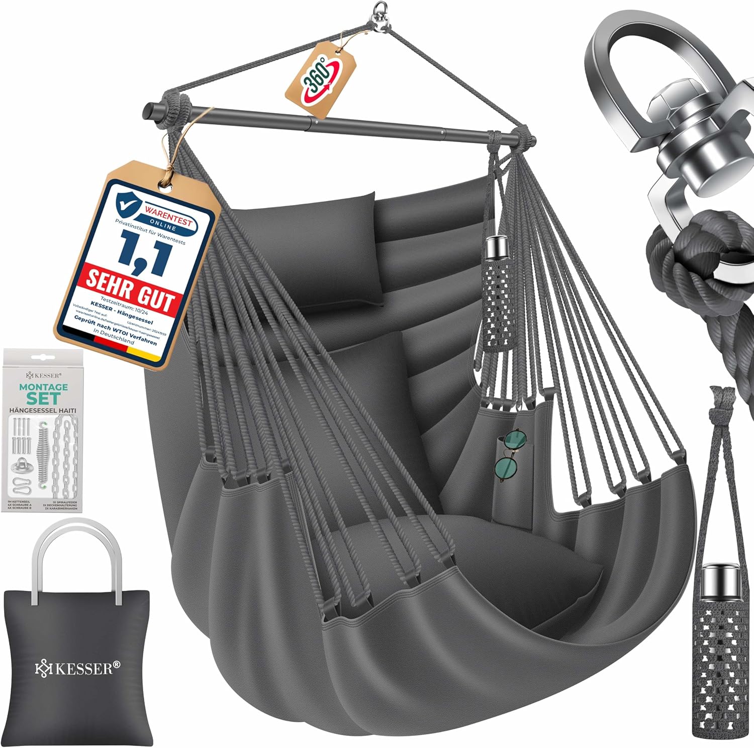 KESSER® Hängesessel Haiti 150kg Traglast, Hängestuhl 360° Drehung, Hängeschaukel Indoor-Outdoor UV-beständig & Wasserfest, Pflegeleicht, Inkl. 2 Kissen, Tragetasche, Flaschenhalter & Montage-Set