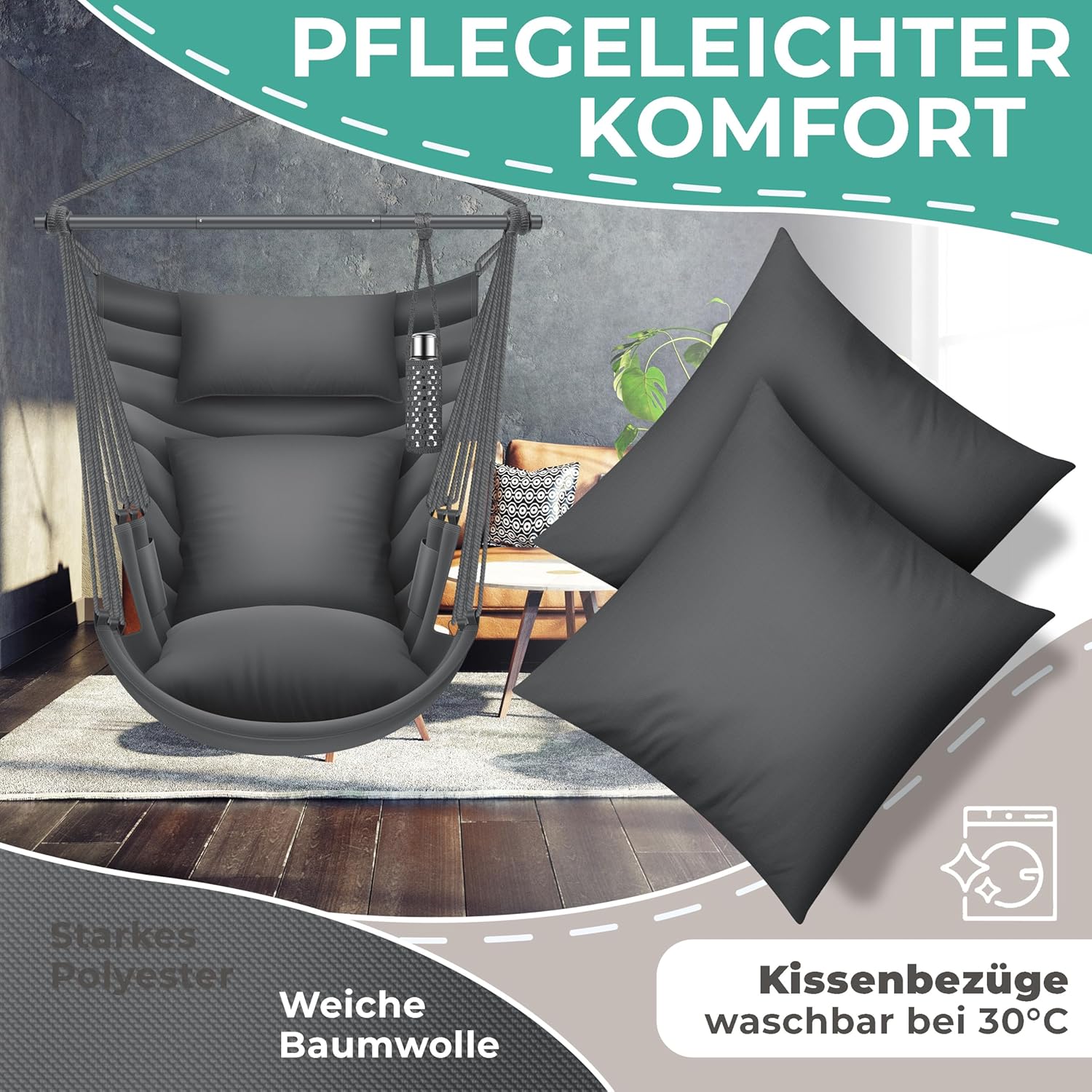 KESSER® Hängesessel Haiti 150kg Traglast, Hängestuhl 360° Drehung, Hängeschaukel Indoor-Outdoor UV-beständig & Wasserfest, Pflegeleicht, Inkl. 2 Kissen, Tragetasche, Flaschenhalter & Montage-Set — Ansicht 4