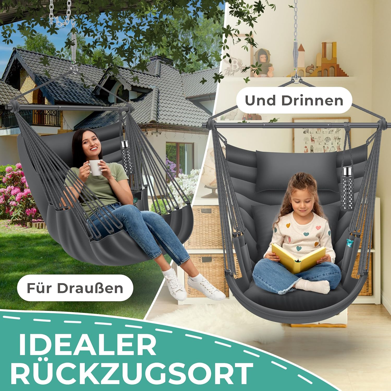 KESSER® Hängesessel Haiti 150kg Traglast, Hängestuhl 360° Drehung, Hängeschaukel Indoor-Outdoor UV-beständig & Wasserfest, Pflegeleicht, Inkl. 2 Kissen, Tragetasche, Flaschenhalter & Montage-Set — Ansicht 5