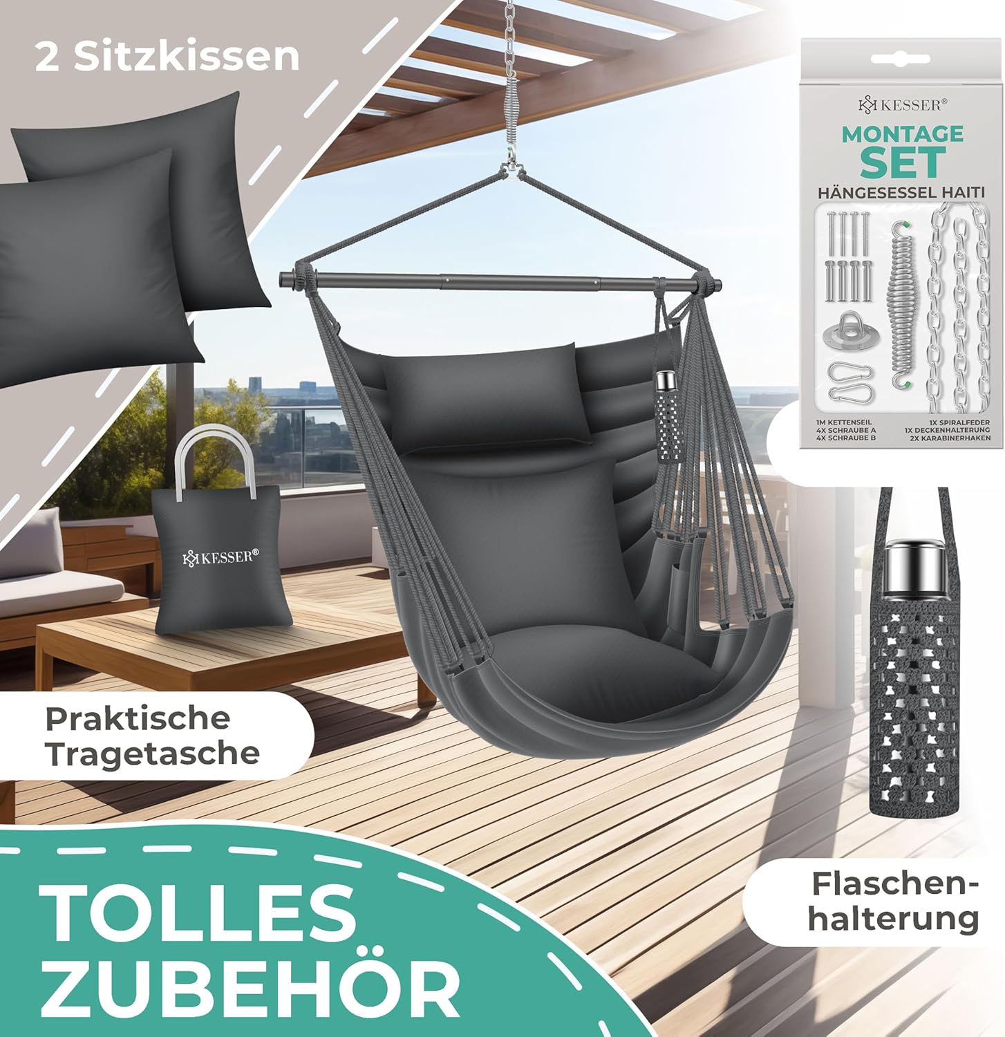 KESSER® Hängesessel Haiti 150kg Traglast, Hängestuhl 360° Drehung, Hängeschaukel Indoor-Outdoor UV-beständig & Wasserfest, Pflegeleicht, Inkl. 2 Kissen, Tragetasche, Flaschenhalter & Montage-Set — Ansicht 6