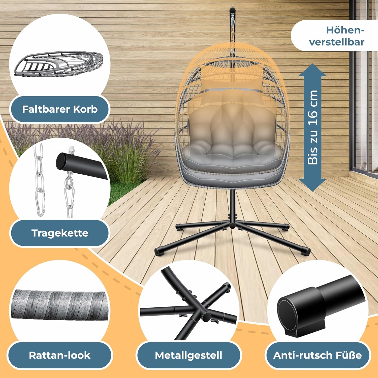 KESSER® Hängesessel Jungle mit Gestell Stahl Hängekorb Sessel Großen Kissen + Decken Halterung + Cover Hängeschaukel Hängesitz Indoor - Outdoor Schaukel Hängestuhl für Kinder und Erwachsene, Grau — Ansicht 2