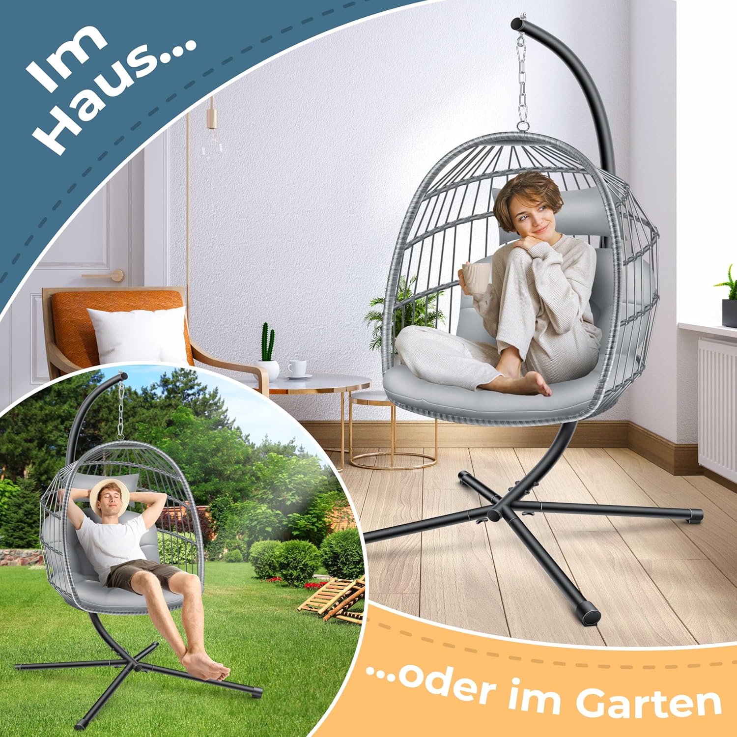 KESSER® Hängesessel Jungle mit Gestell Stahl Hängekorb Sessel Großen Kissen + Decken Halterung + Cover Hängeschaukel Hängesitz Indoor - Outdoor Schaukel Hängestuhl für Kinder und Erwachsene, Grau — Ansicht 3