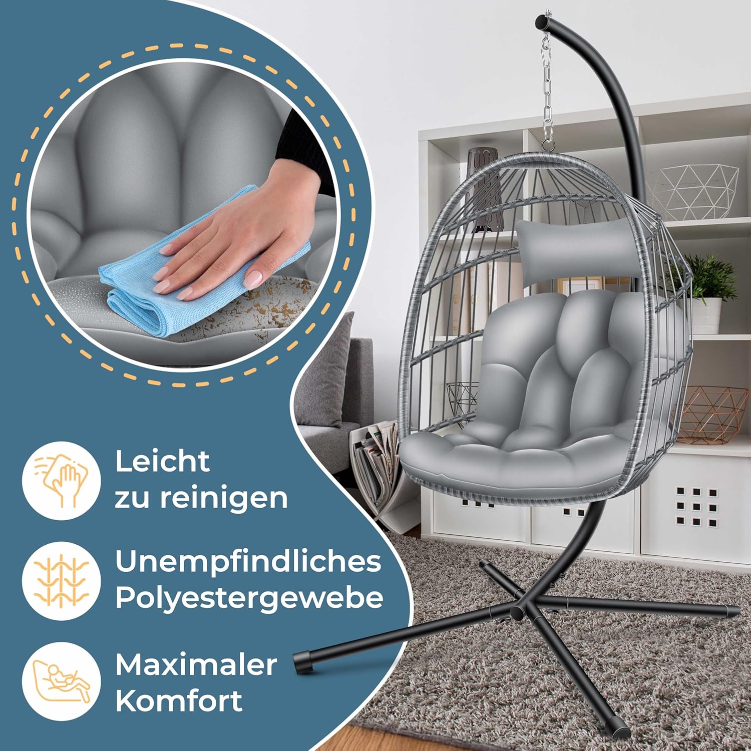 KESSER® Hängesessel Jungle mit Gestell Stahl Hängekorb Sessel Großen Kissen + Decken Halterung + Cover Hängeschaukel Hängesitz Indoor - Outdoor Schaukel Hängestuhl für Kinder und Erwachsene, Grau — Ansicht 4